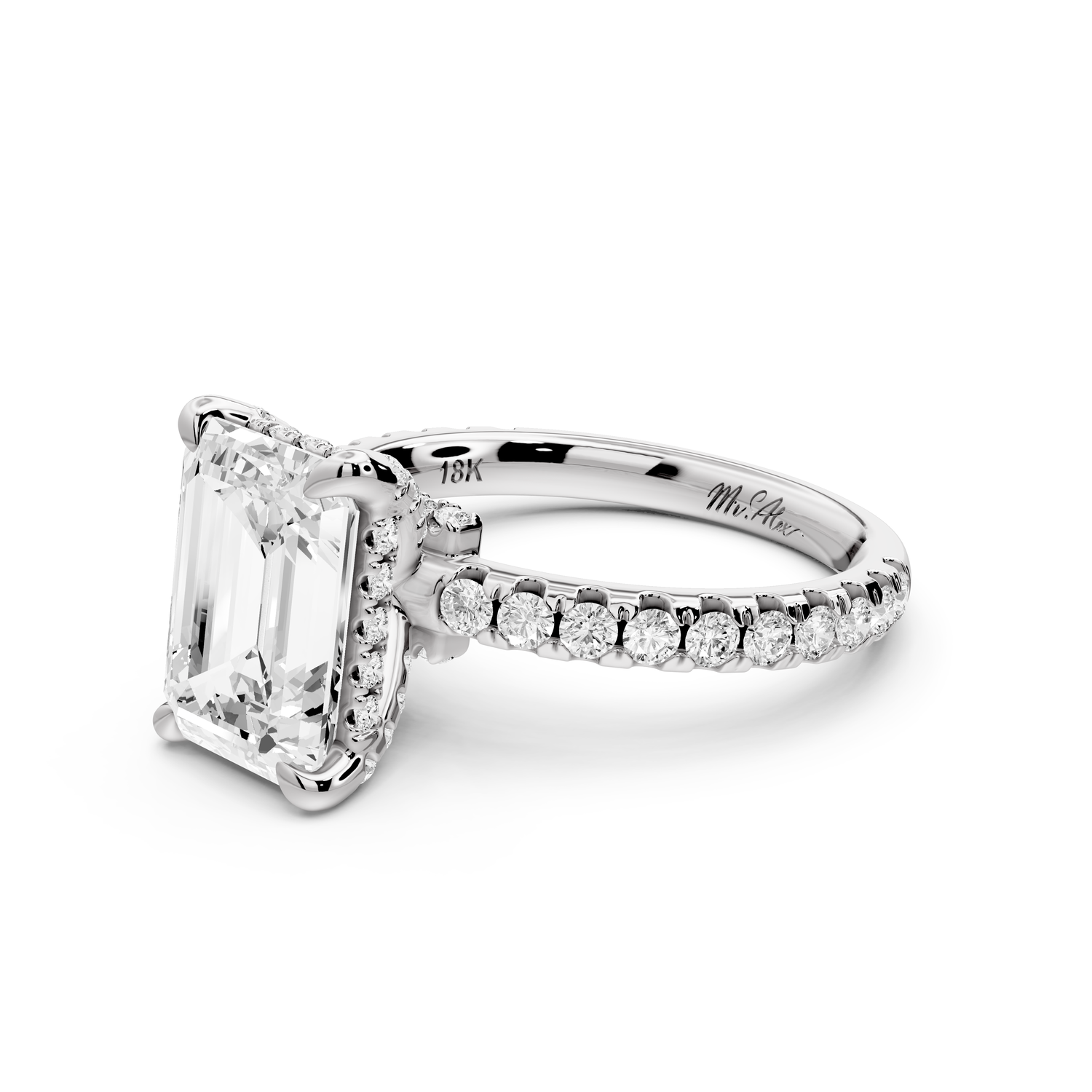 Jade - 3ct 14k white gold emerald hidden halo diamond crown and bridge Pavé engagement ring