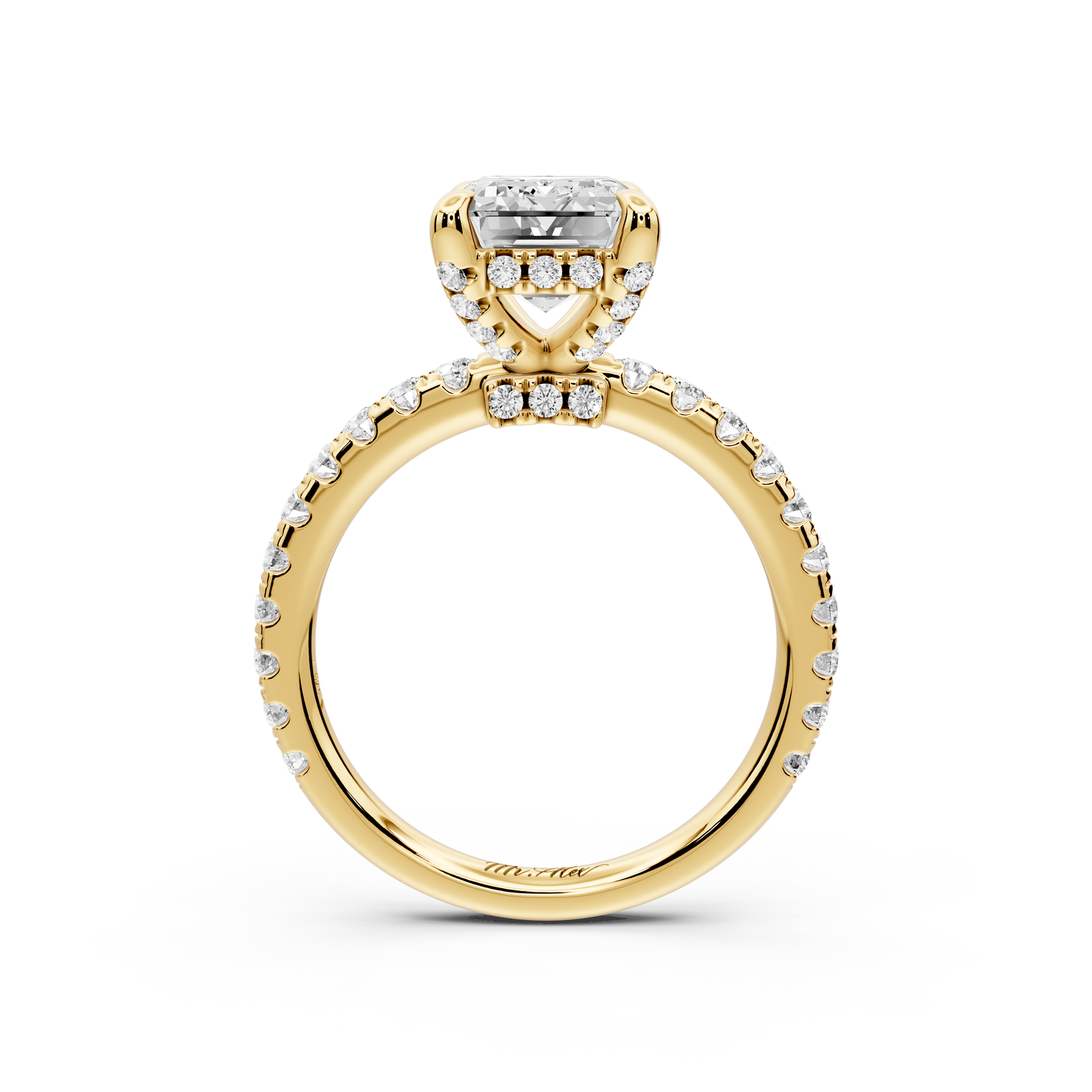 Jade - 3ct 14k yellow gold emerald hidden halo diamond crown and bridge Pavé engagement ring