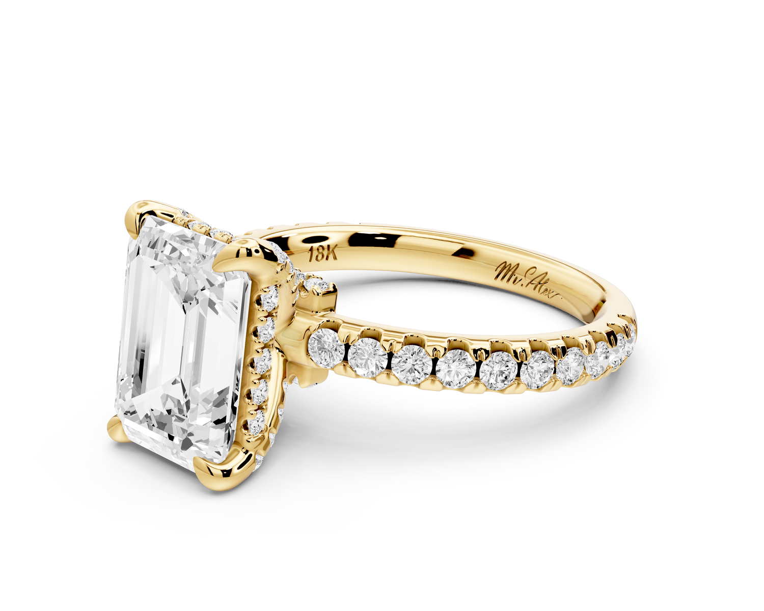 Jade - 3ct 14k yellow gold emerald hidden halo diamond crown and bridge Pavé engagement ring