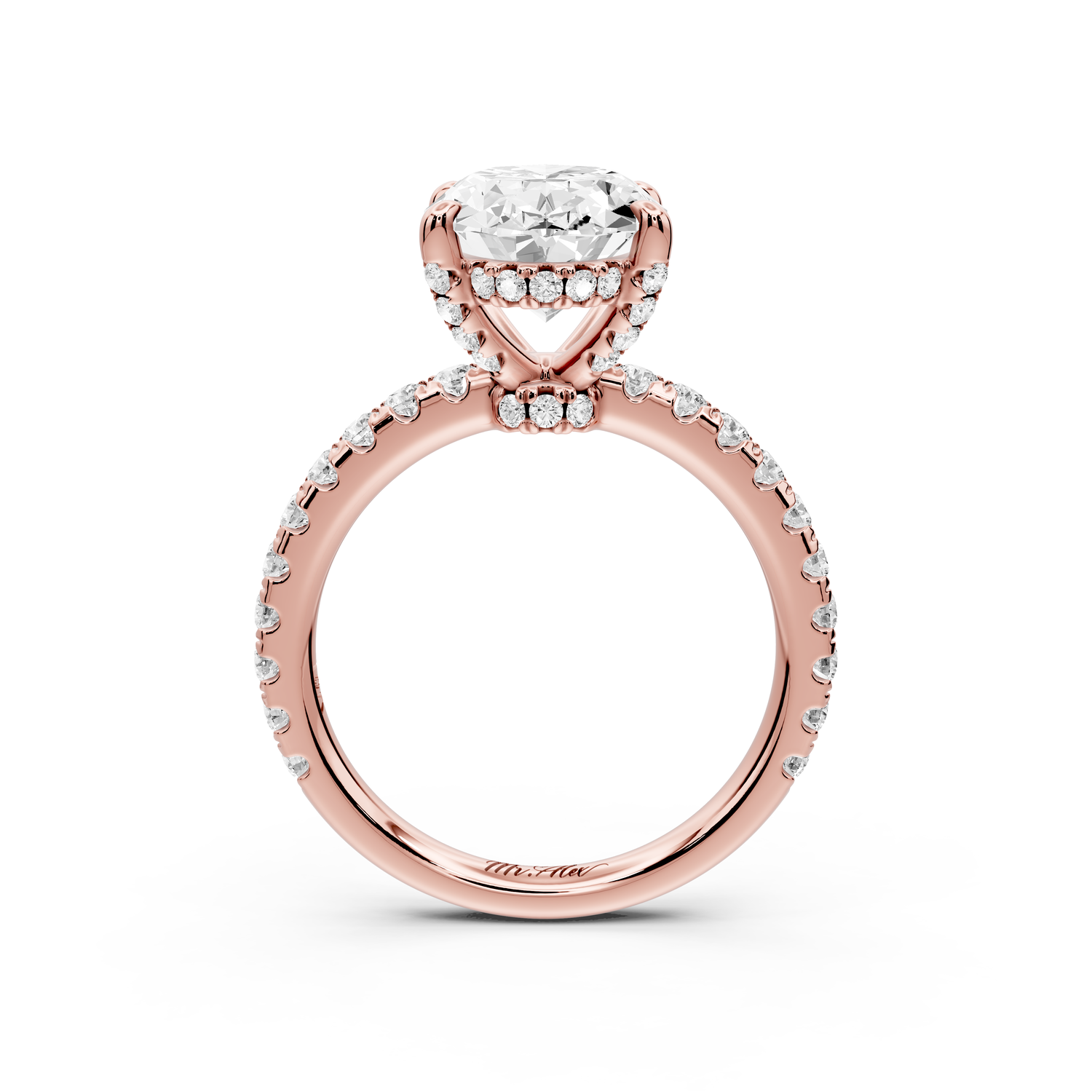 Jade - 3ct 14k rose gold oval hidden halo diamond crown and bridge Pavé engagement ring