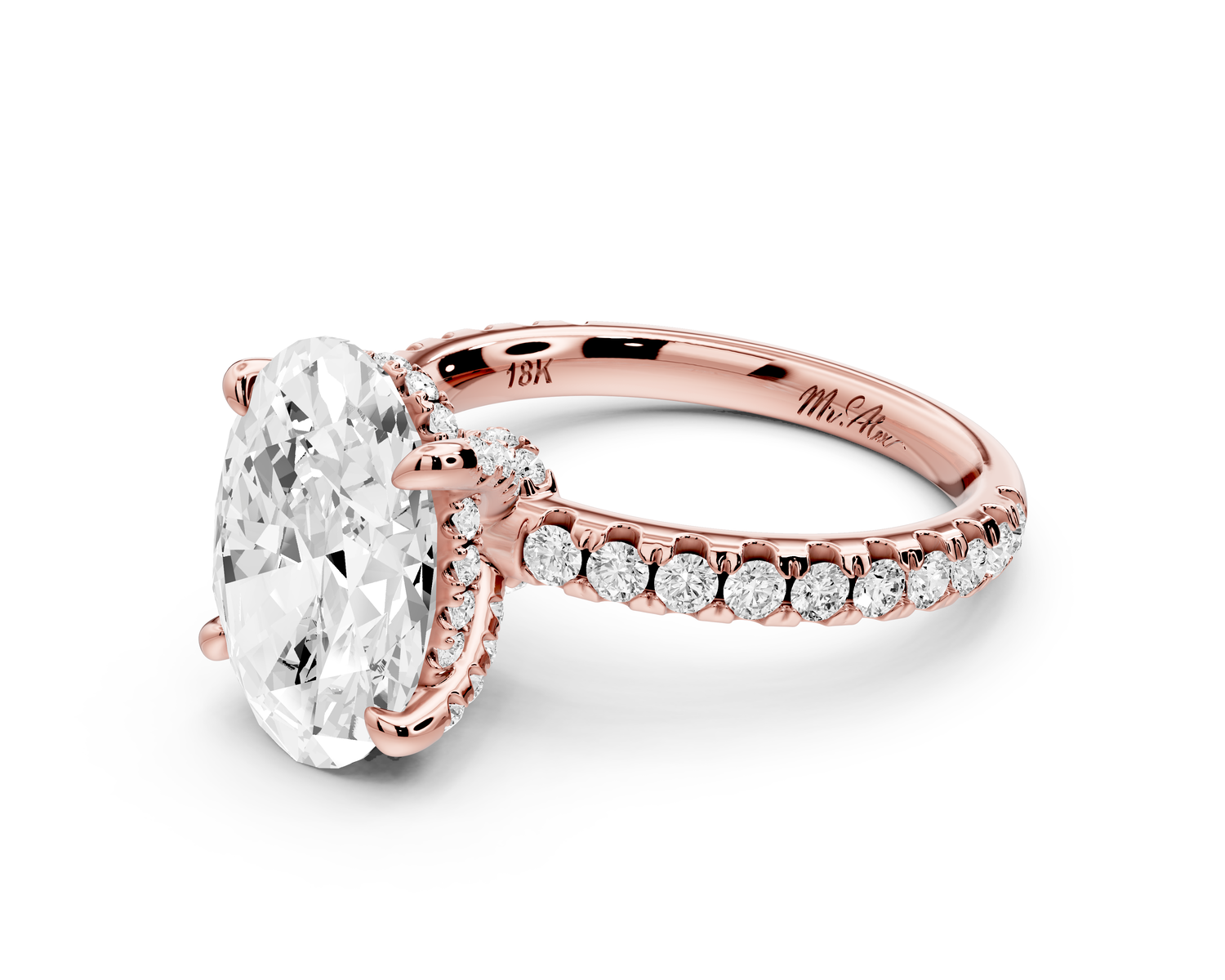 Jade - 3ct 14k rose gold oval hidden halo diamond crown and bridge Pavé engagement ring