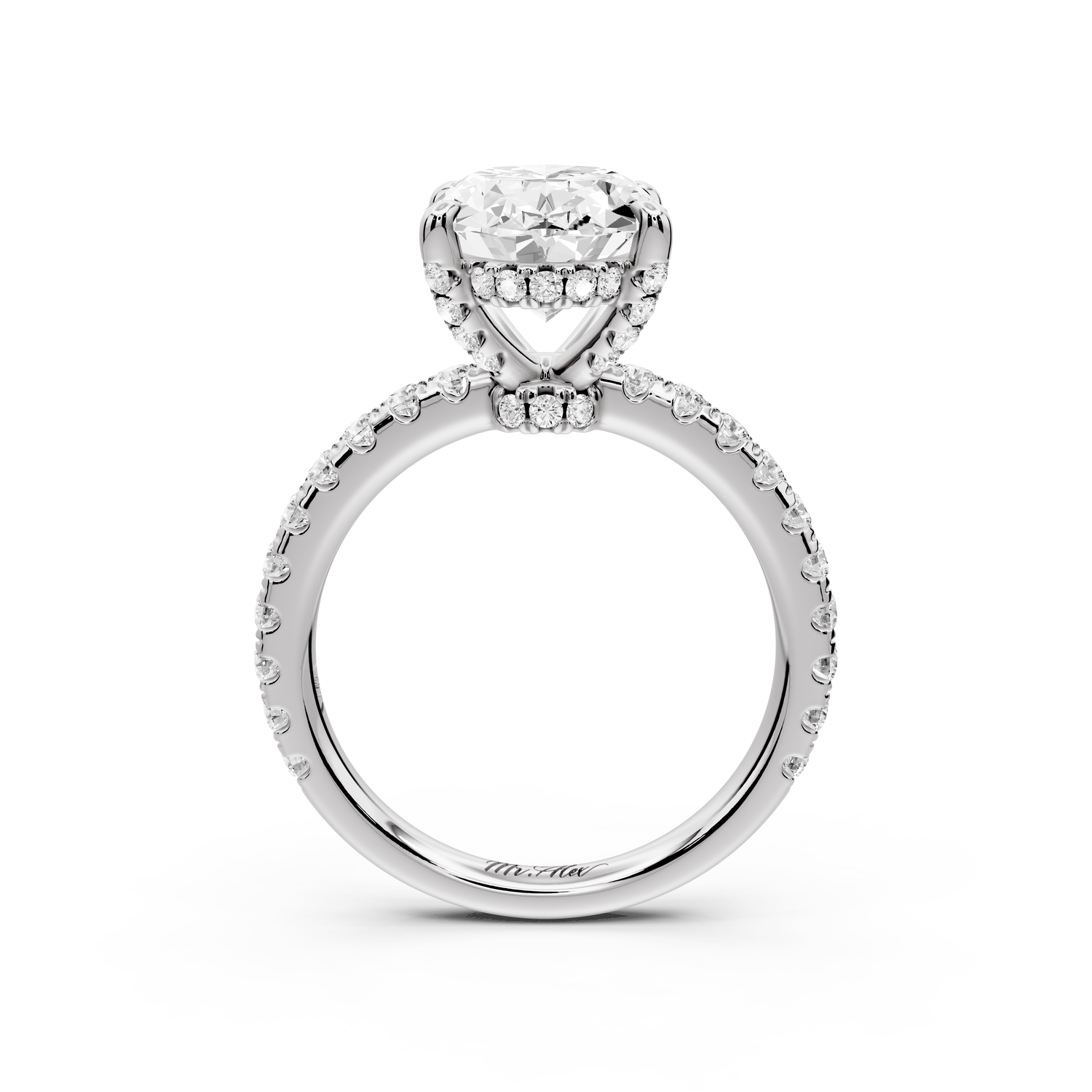 Jade - 3ct 14k white gold oval hidden halo diamond crown and bridge Pavé engagement ring