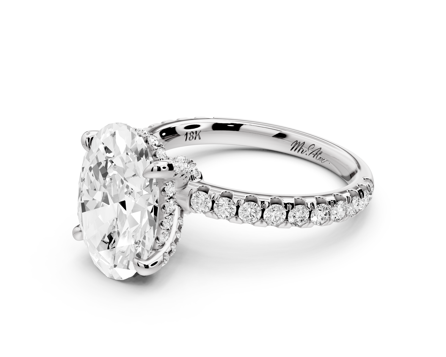 Jade - 3ct 14k white gold oval hidden halo diamond crown and bridge Pavé engagement ring