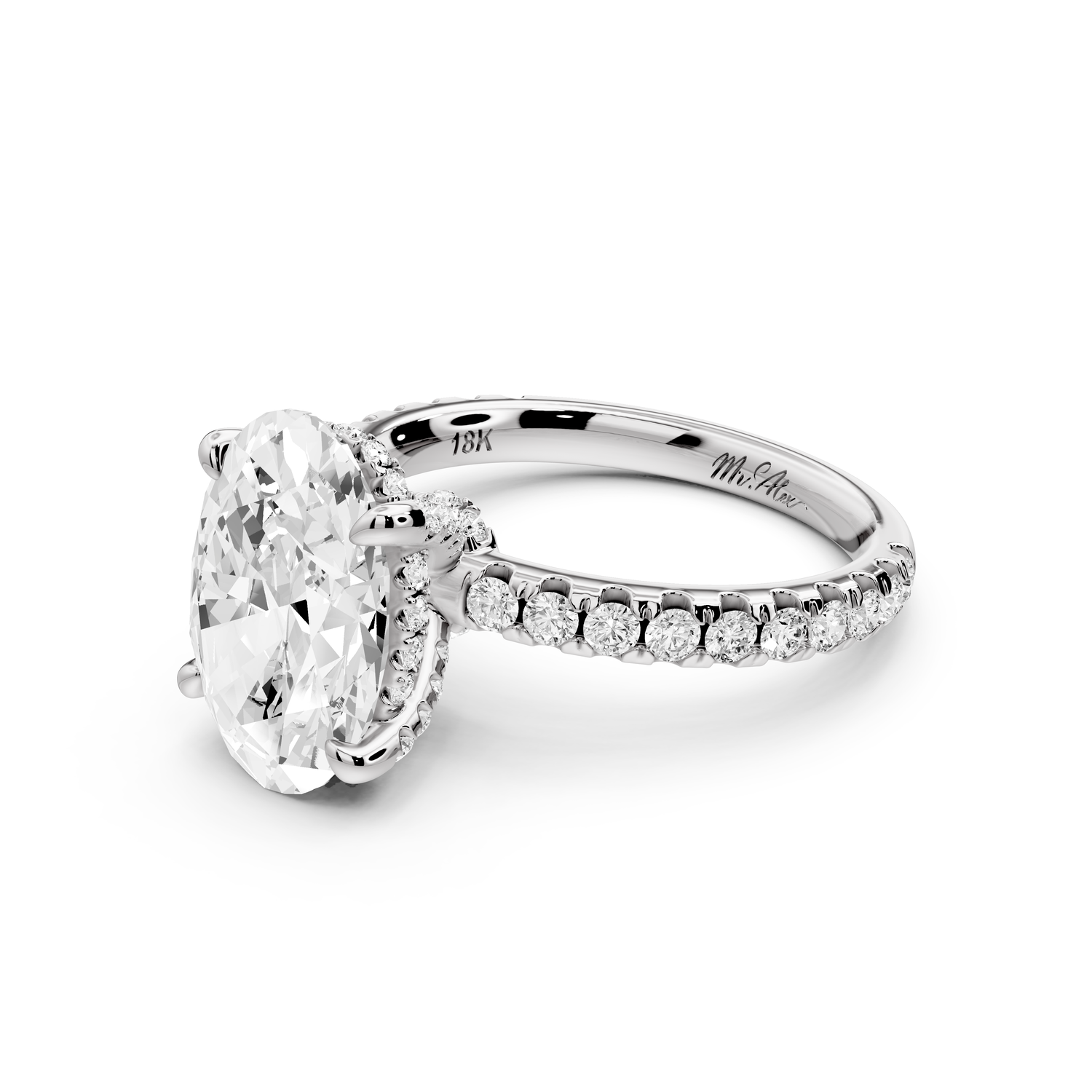 Jade - 3ct 14k white gold oval hidden halo diamond crown and bridge Pavé engagement ring