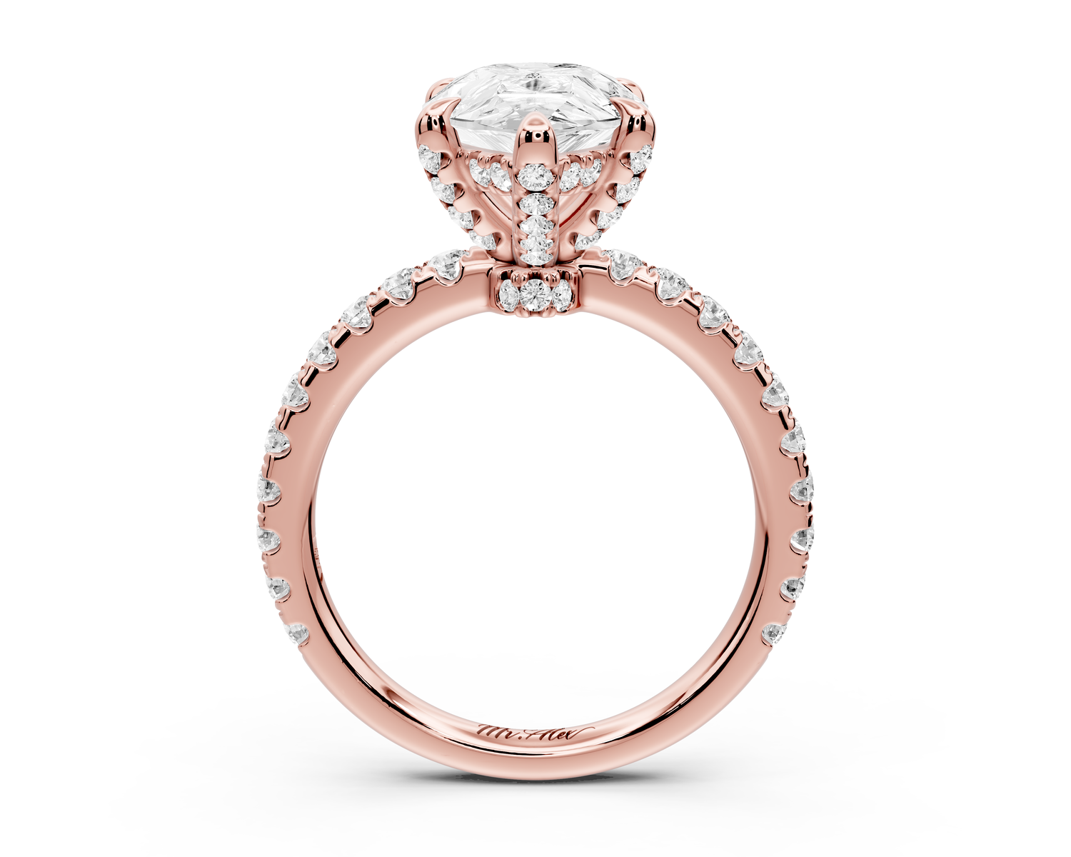 Jade - 3ct 14k rose gold pear hidden halo diamond crown and bridge Pavé engagement ring