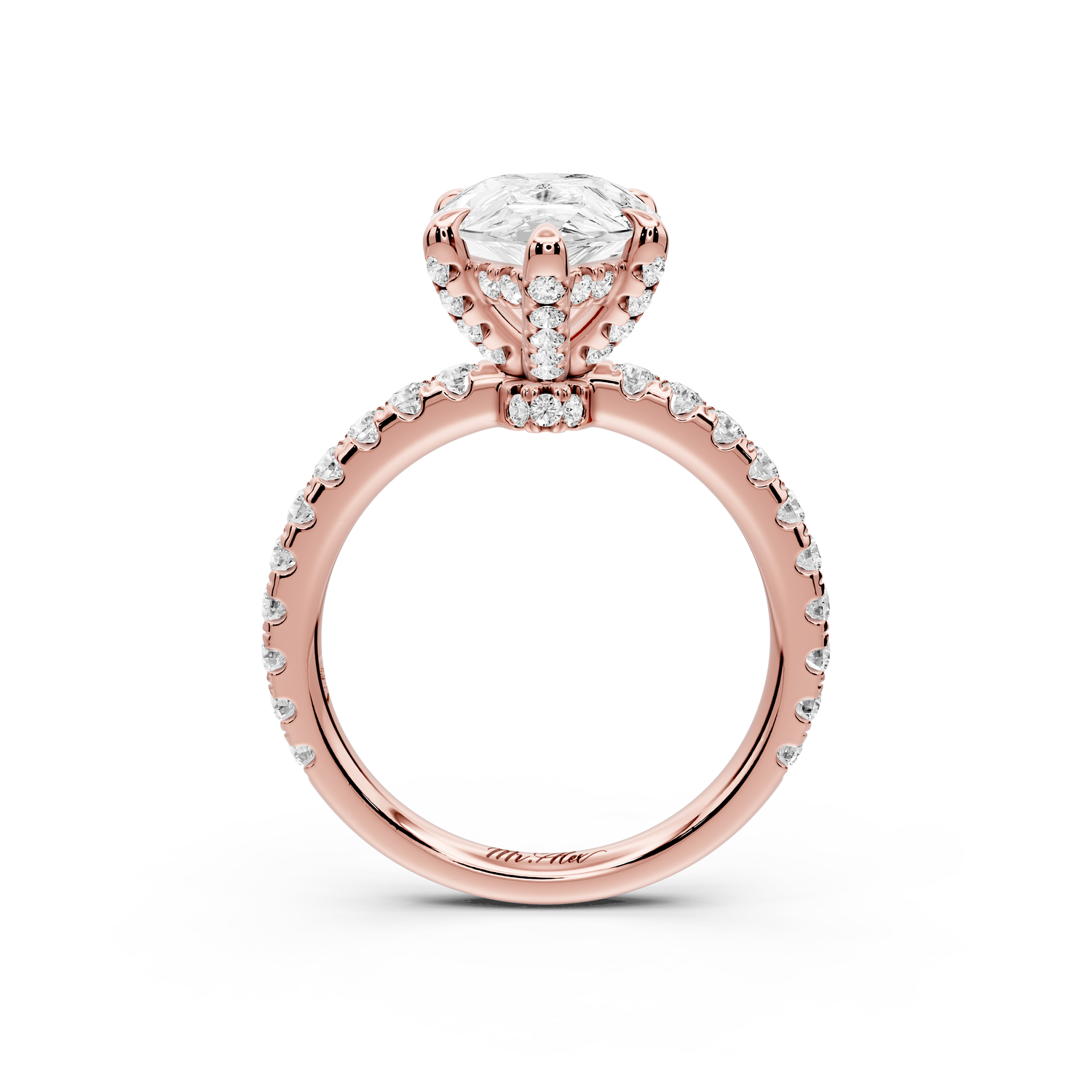 Jade - 3ct 14k rose gold pear hidden halo diamond crown and bridge Pavé engagement ring