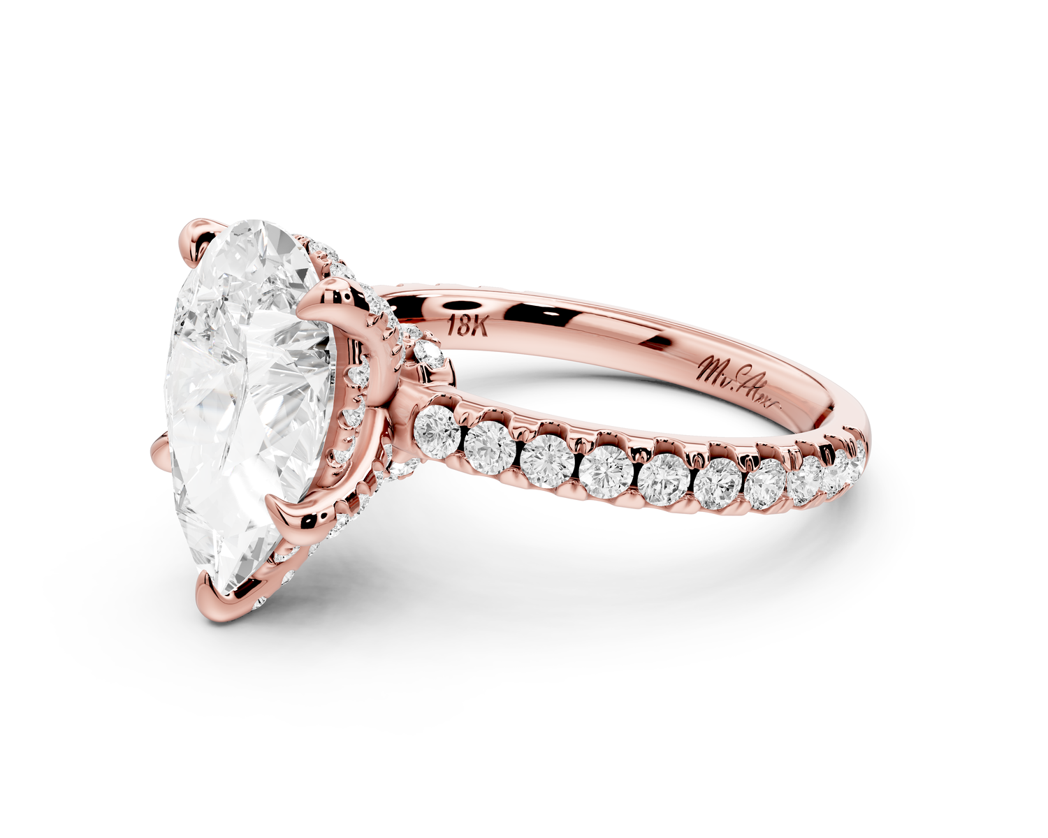 Jade - 3ct 14k rose gold pear hidden halo diamond crown and bridge Pavé engagement ring