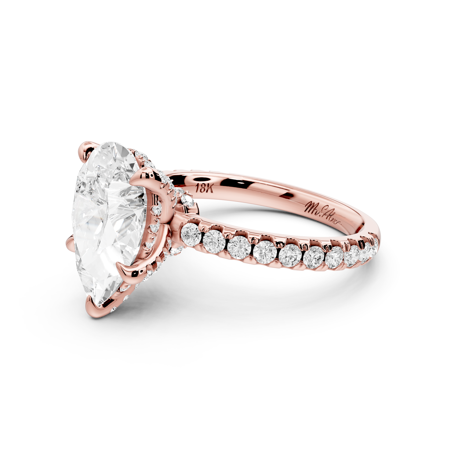 Jade - 3ct 14k rose gold pear hidden halo diamond crown and bridge Pavé engagement ring