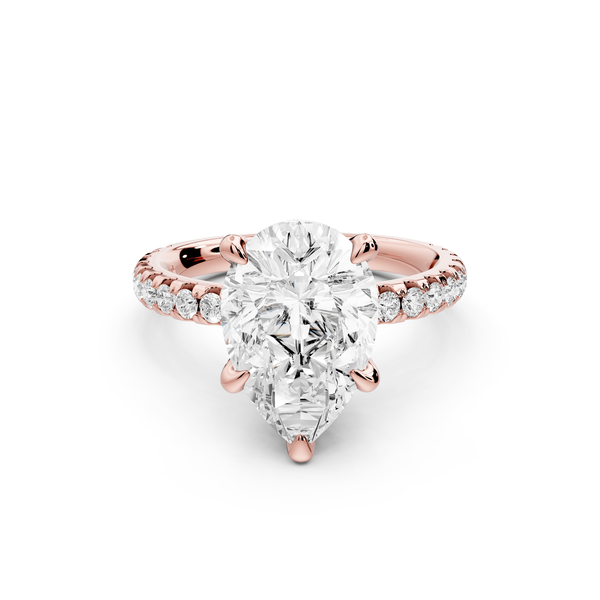 Jade - 3ct 14k rose gold pear hidden halo diamond crown and bridge Pavé engagement ring