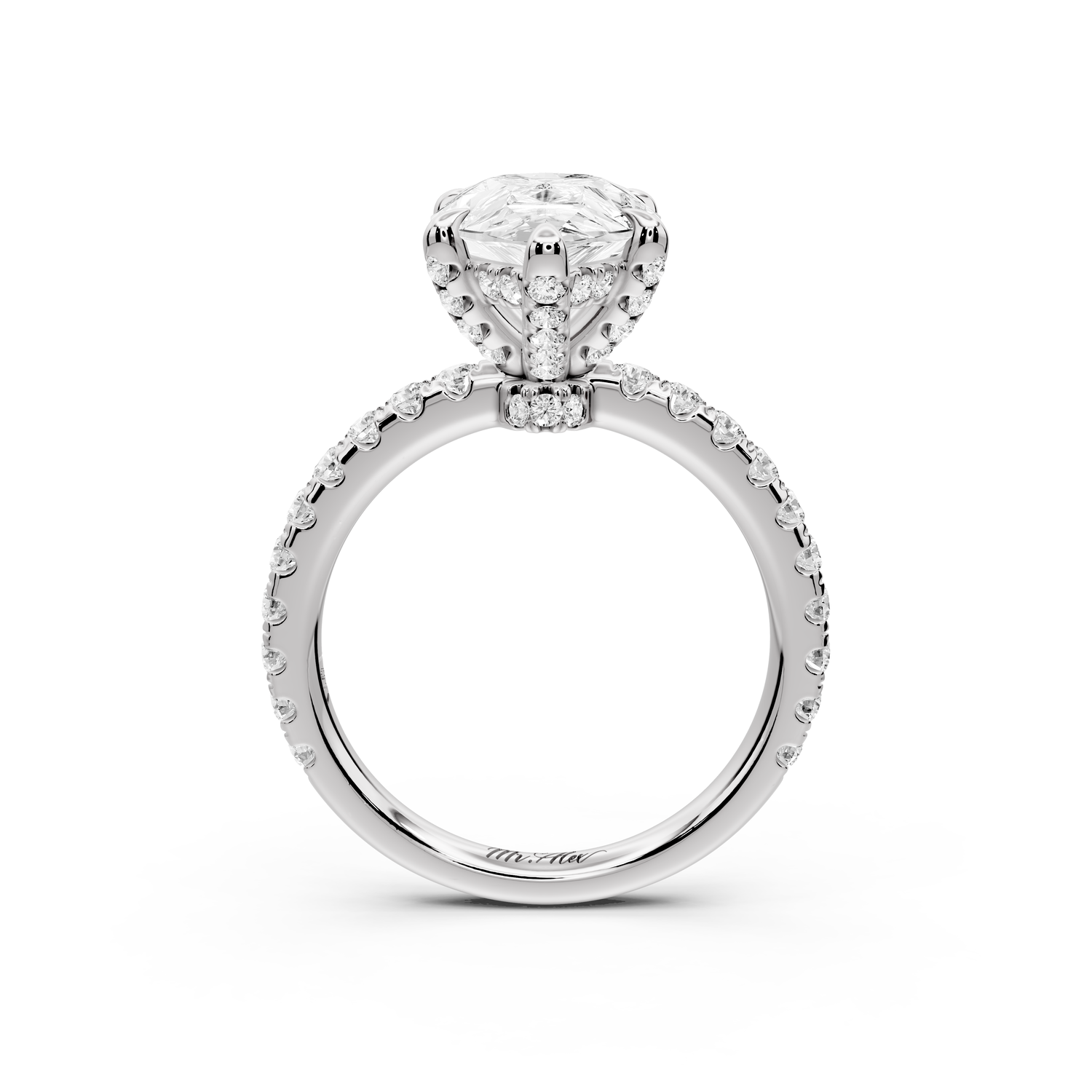 Jade - 3ct 14k white gold pear hidden halo diamond crown and bridge Pavé engagement ring