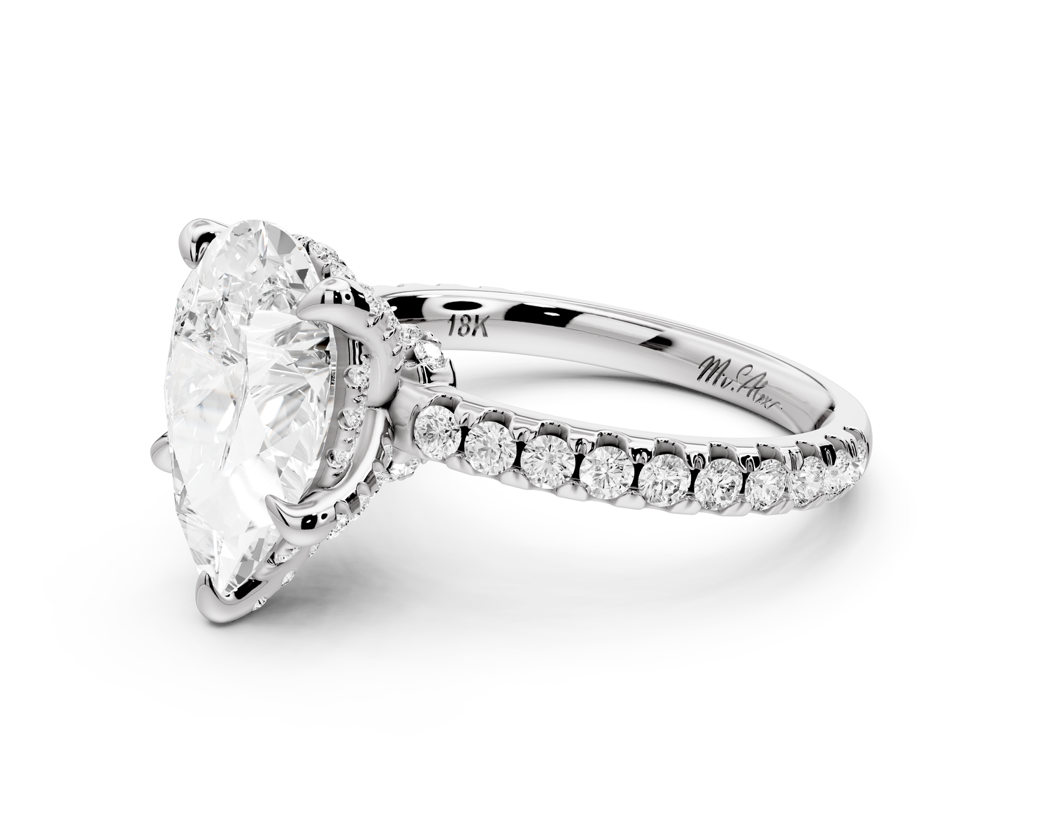 Jade - 3ct 14k white gold pear hidden halo diamond crown and bridge pavé engagamnet ring