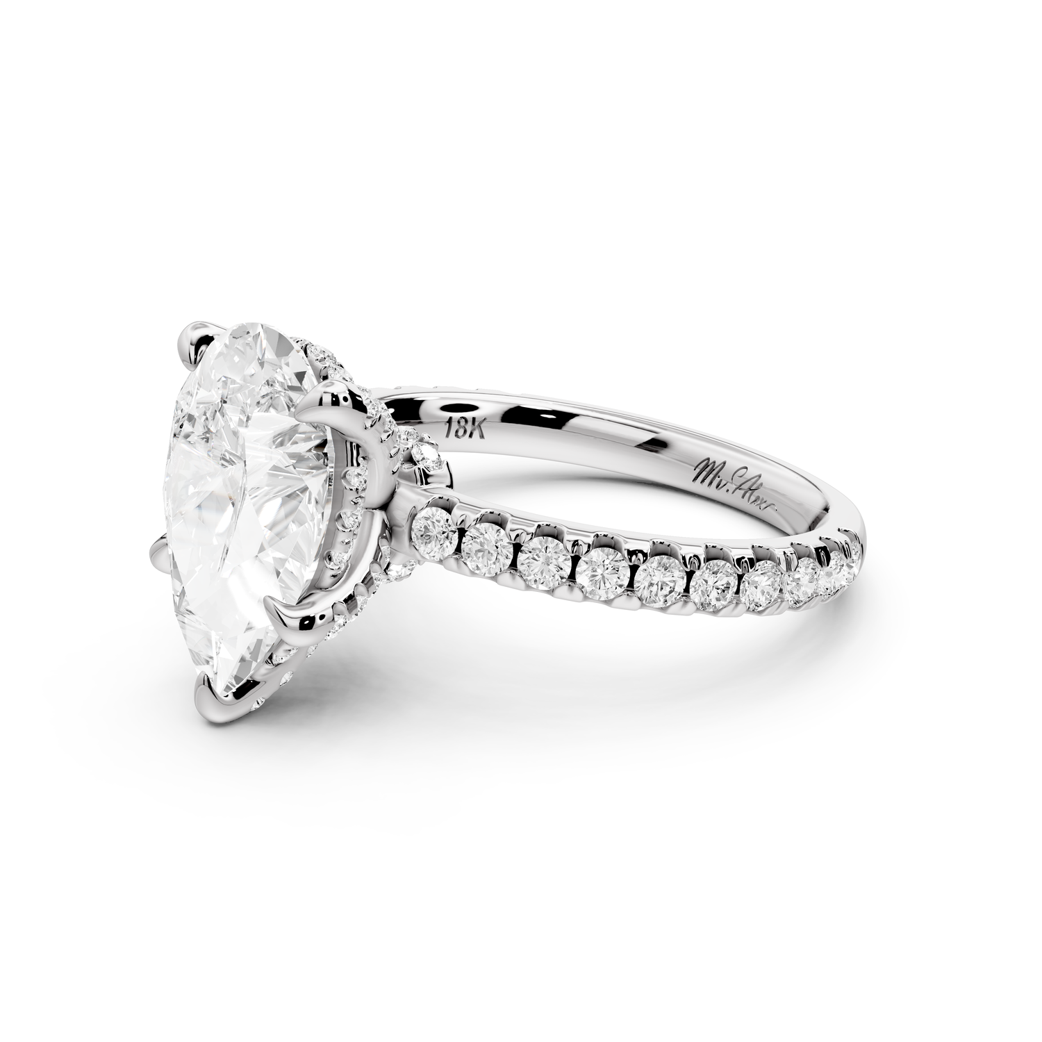 Jade - 3ct 14k white gold pear hidden halo diamond crown and bridge Pavé engagement ring