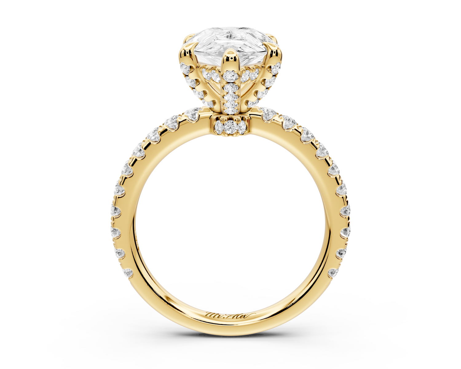 Jade - 3ct 14k yellow gold pear hidden halo diamond crown and bridge Pavé engagement ring