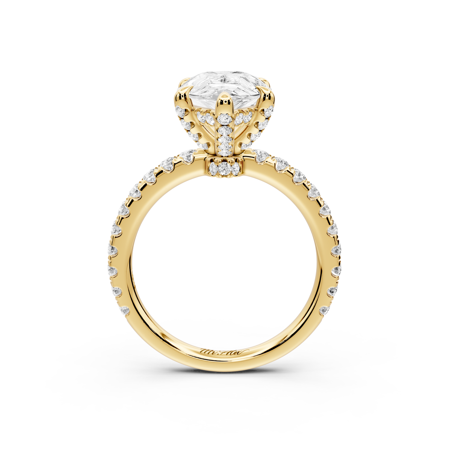 Jade - 3ct 14k yellow gold pear hidden halo diamond crown and bridge Pavé engagement ring
