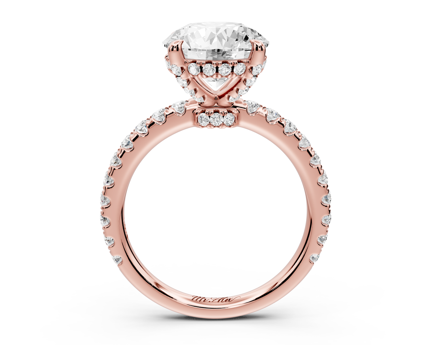 Jade - 3ct 14k rose gold round hidden halo diamond crown and bridge Pavé engagement ring