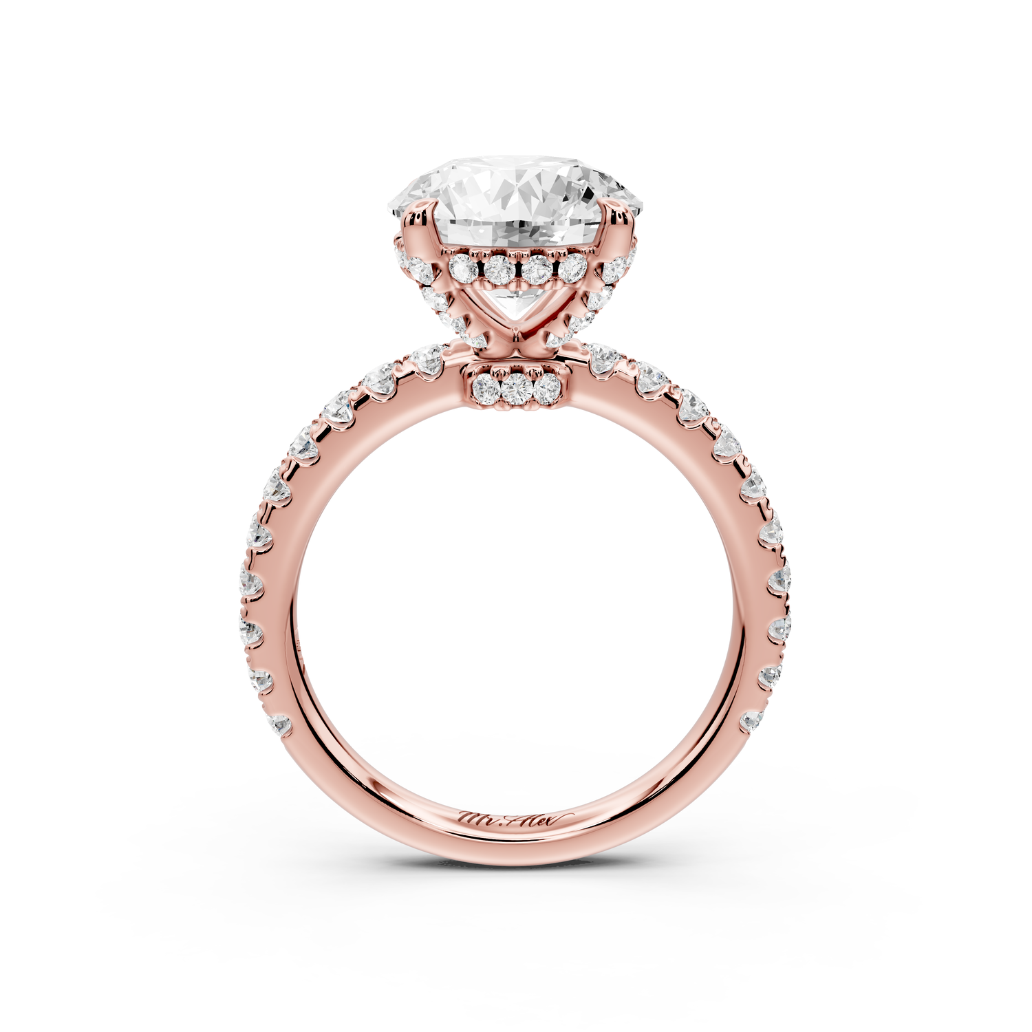 Jade - 3ct 14k rose gold round hidden halo diamond crown and bridge Pavé engagement ring