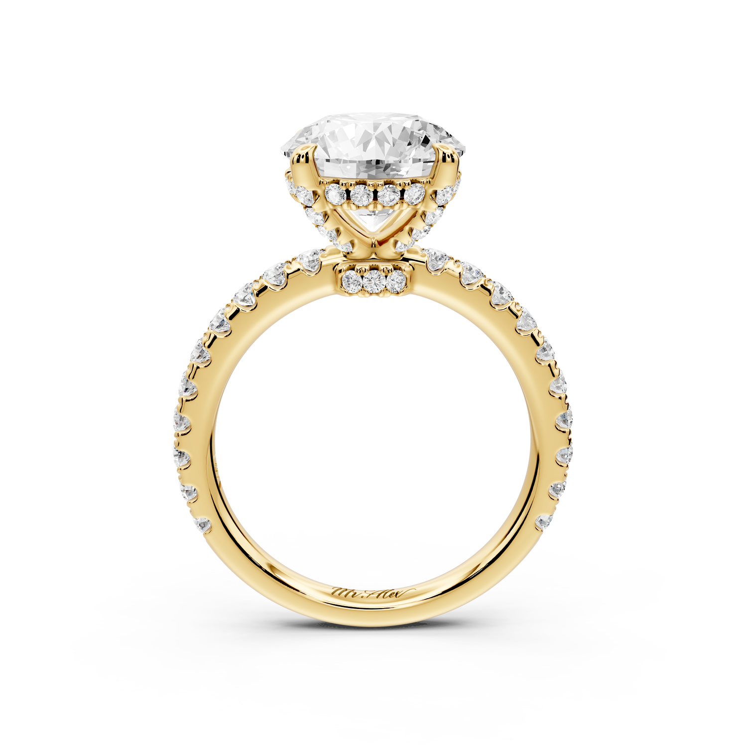 Jade - 3ct 14k yellow gold round hidden halo diamond crown and bridge Pavé engagement ring