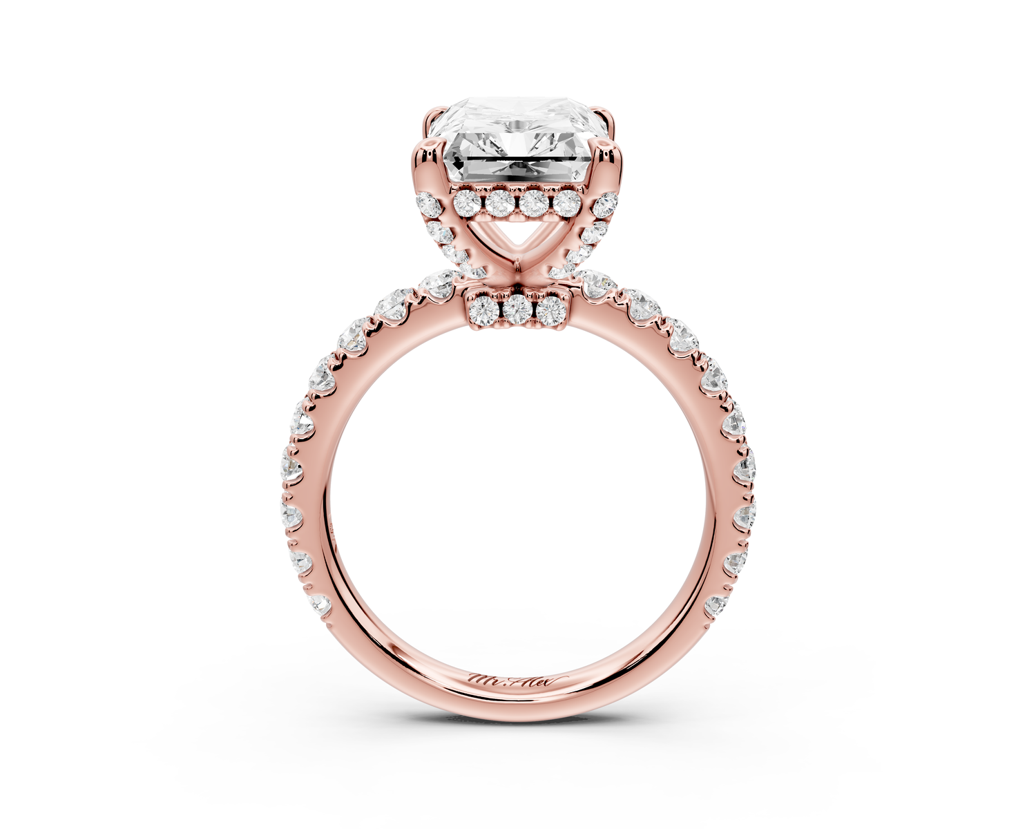 Jade - 4ct 14k rose gold emerald hidden halo diamond crown and bridge Pavé engagement ring