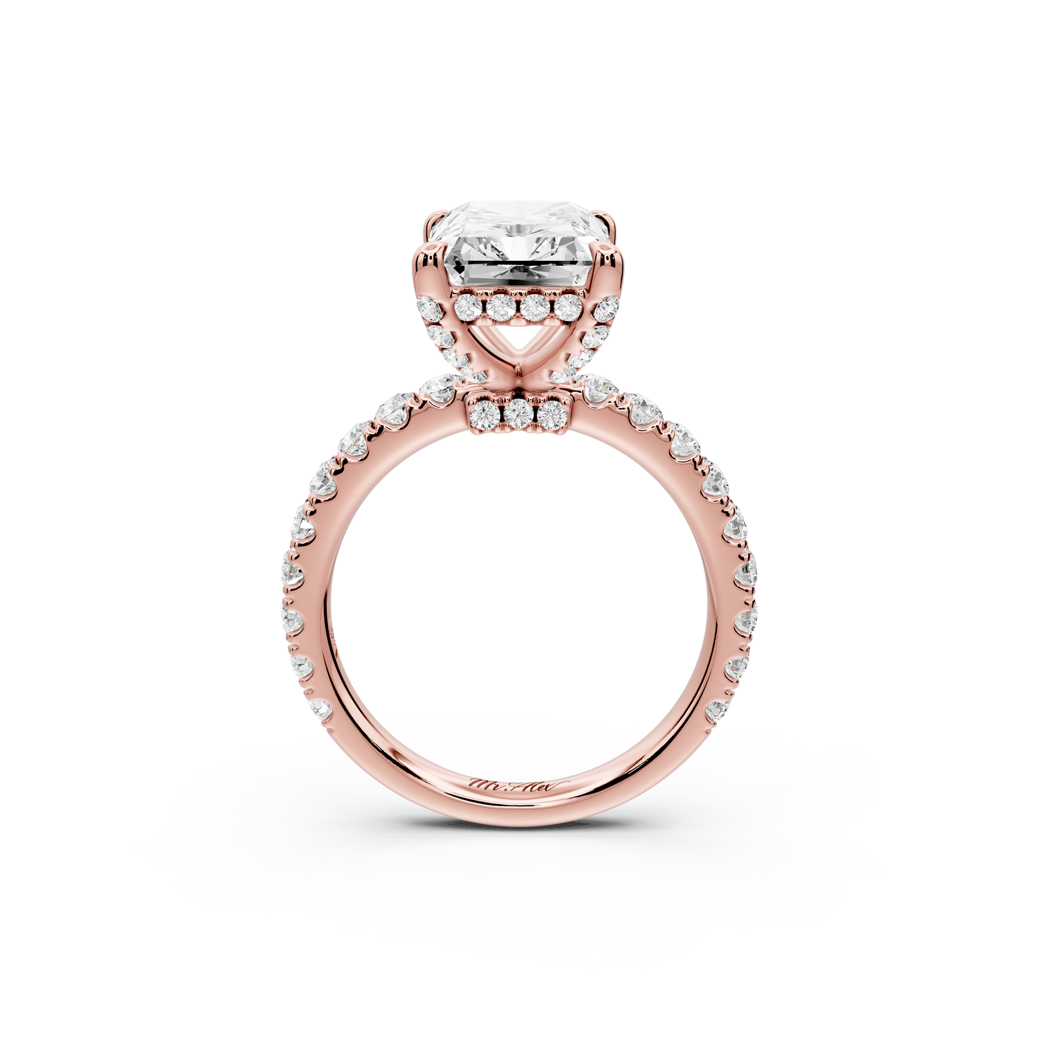 Jade - 4ct 14k rose gold emerald hidden halo diamond crown and bridge Pavé engagement ring