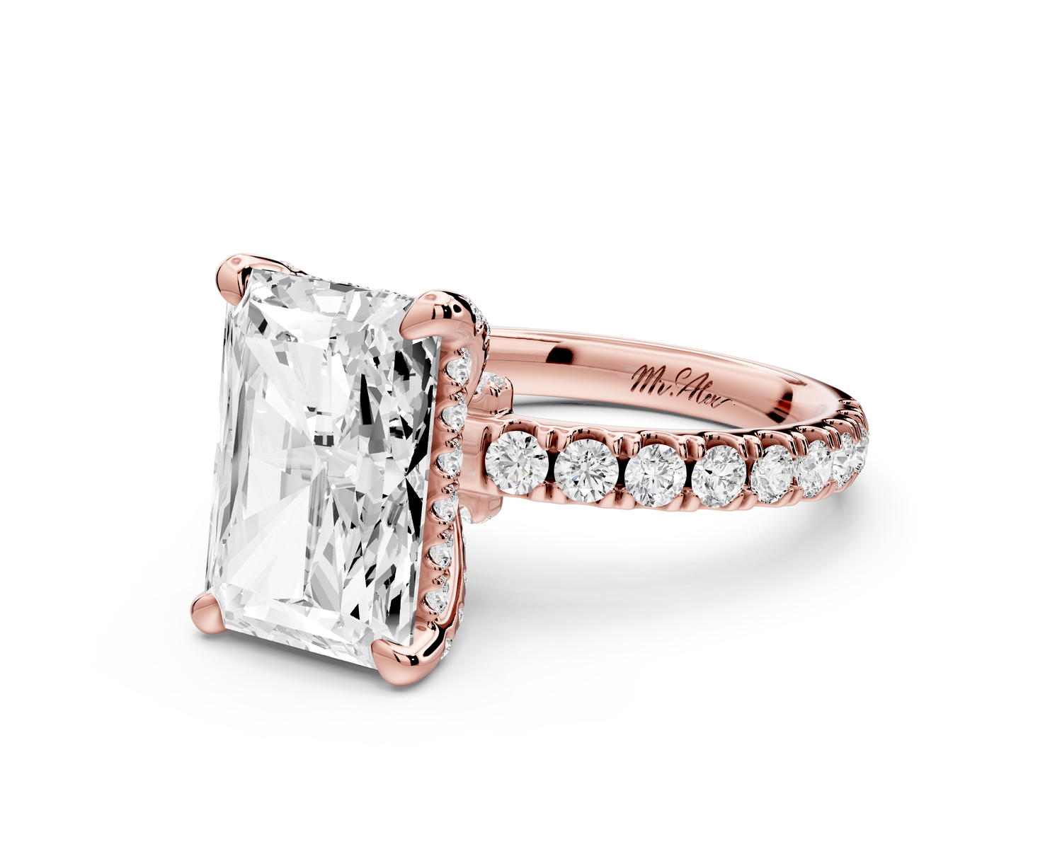 Jade - 4ct 14k rose gold emerald hidden halo diamond crown and bridge Pavé engagement ring