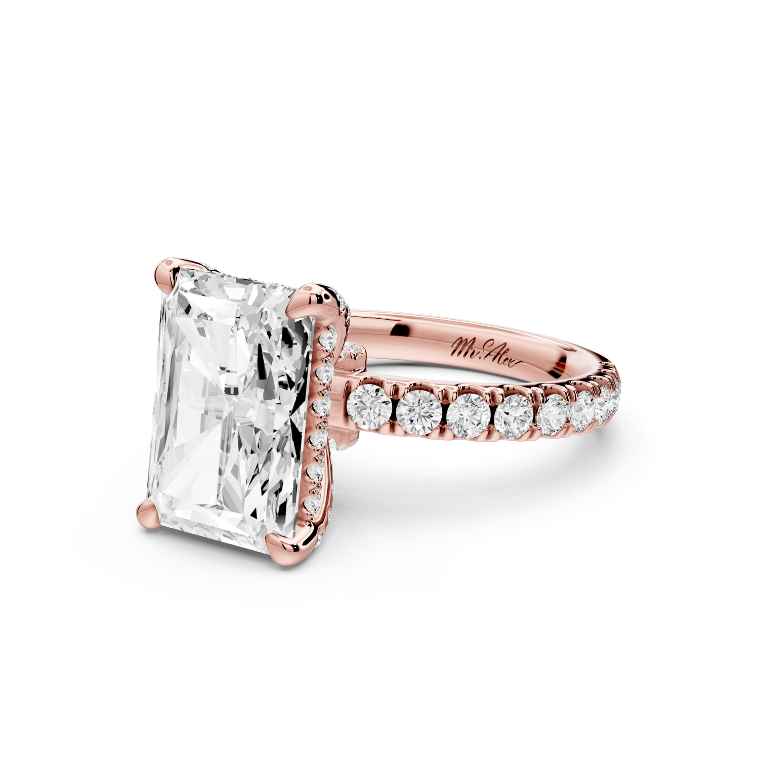 Jade - 4ct 14k rose gold emerald hidden halo diamond crown and bridge Pavé engagement ring