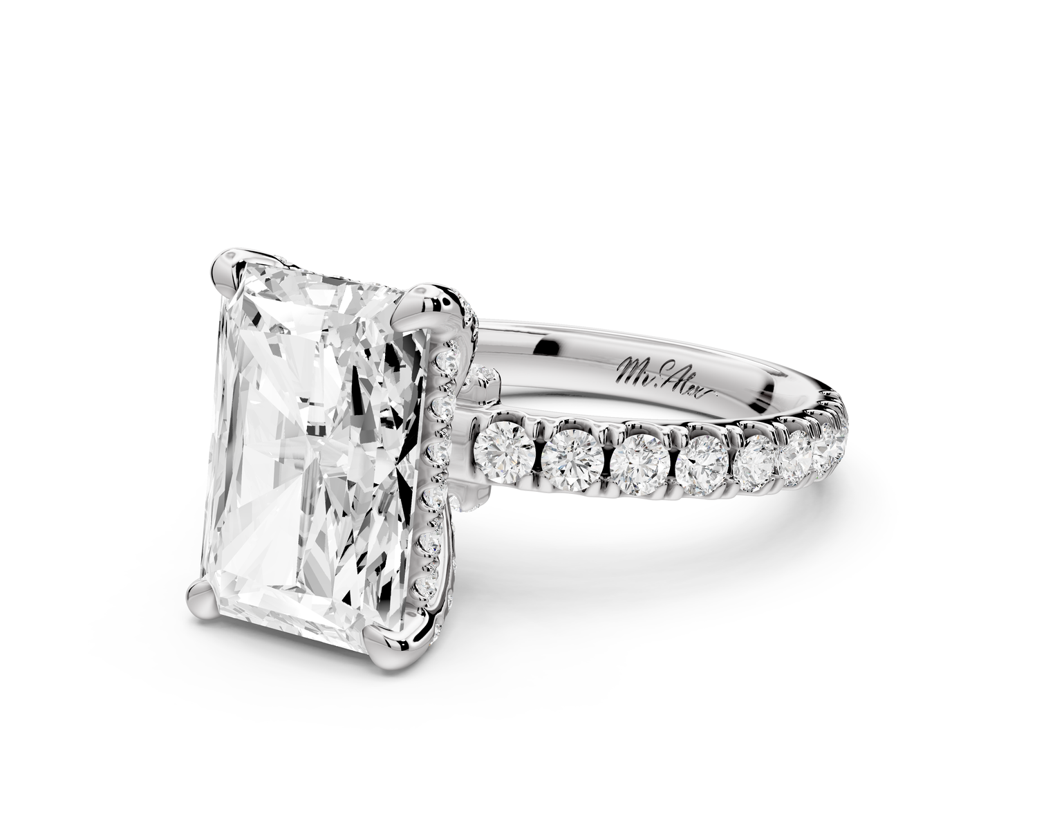 Jade - 4ct 14k white gold emerald hidden halo diamond crown and bridge Pavé engagement ring