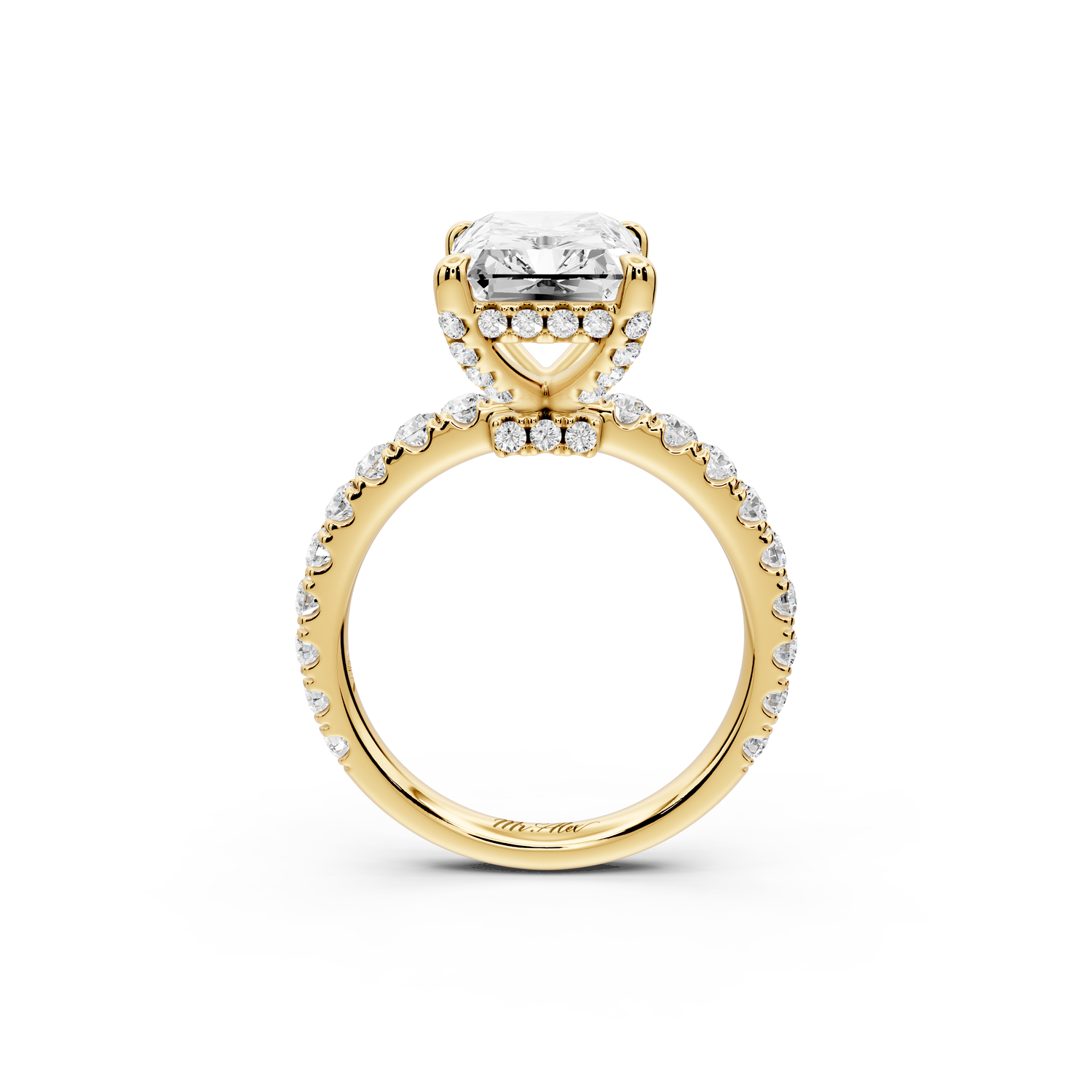 Jade - 4ct 14k yellow gold emerald hidden halo diamond crown and bridge Pavé engagement ring
