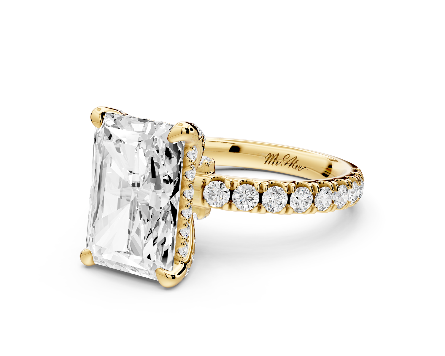 Jade - 4ct 14k yellow gold emerald hidden halo diamond crown and bridge Pavé engagement ring