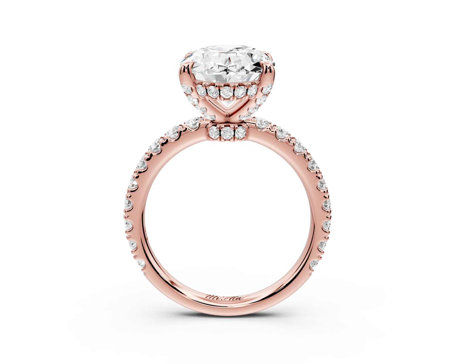 Jade - 4ct 14k rose gold oval hidden halo diamond crown and bridge Pavé engagement ring