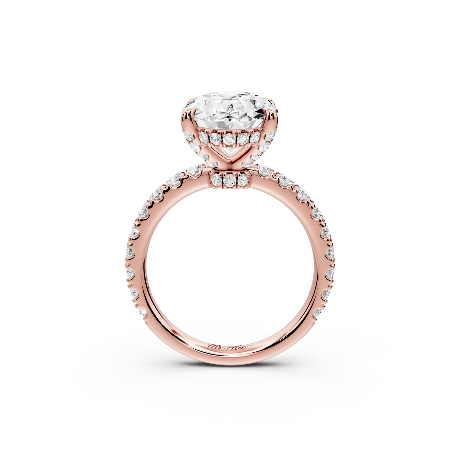 Jade - 4ct 14k rose gold oval hidden halo diamond crown and bridge Pavé engagement ring