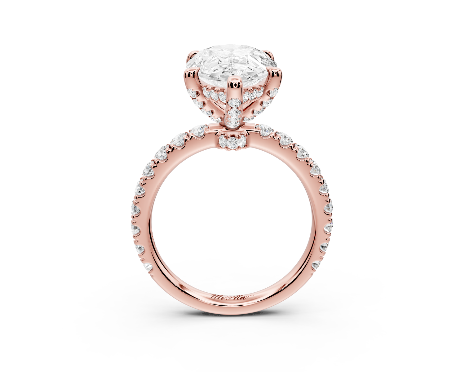 Jade - 4ct 14k rose gold pear hidden halo diamond crown and bridge Pavé engagement ring