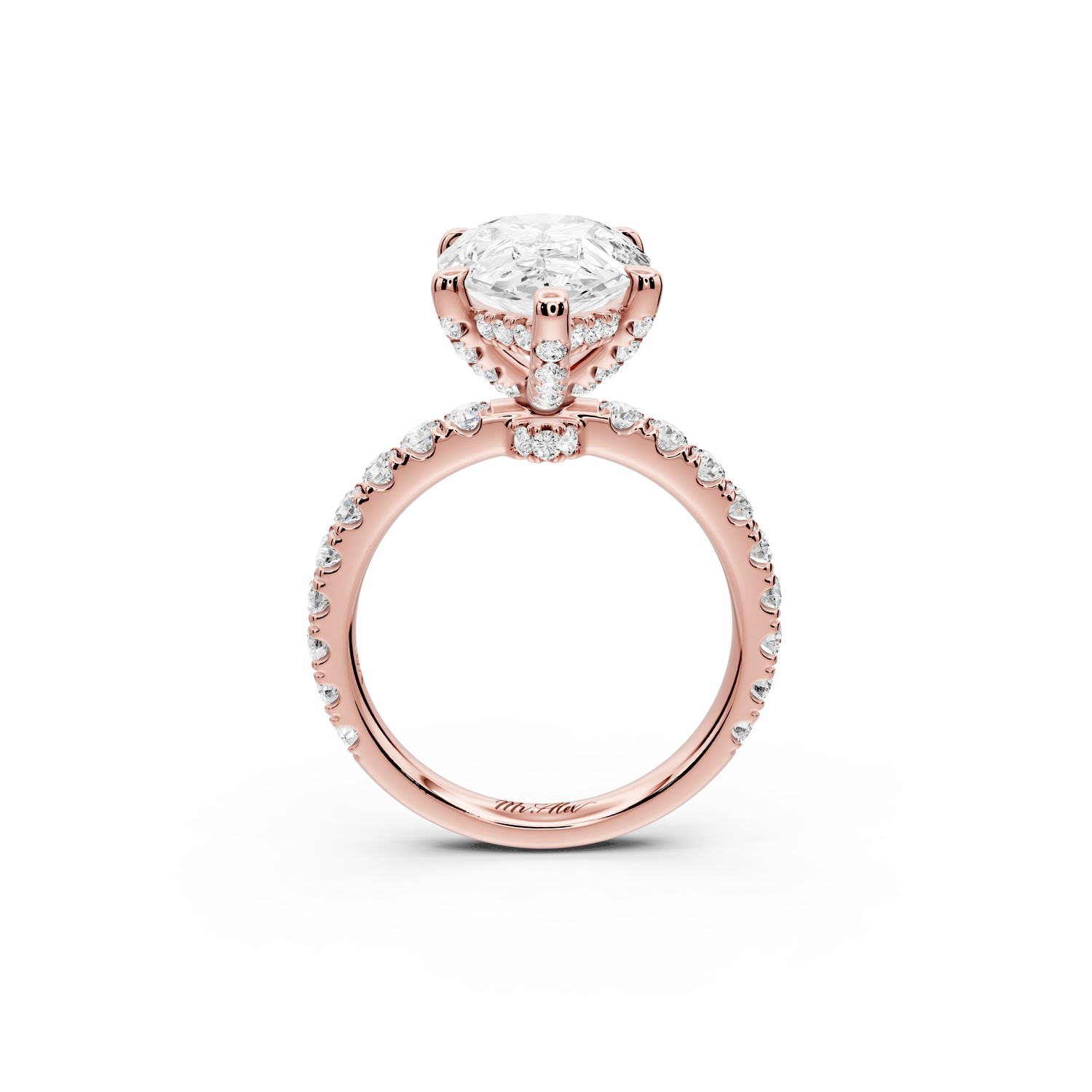 Jade - 4ct 14k rose gold pear hidden halo diamond crown and bridge Pavé engagement ring