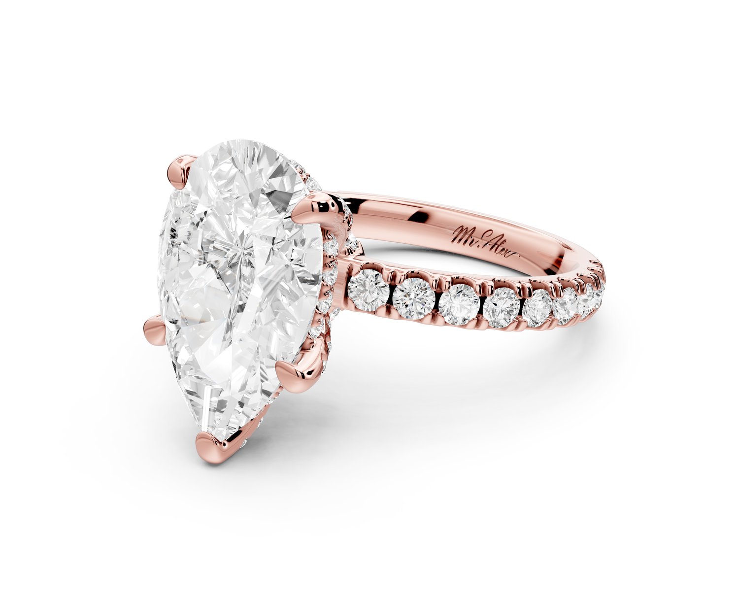 Jade - 4ct 14k rose gold pear hidden halo diamond crown and bridge Pavé engagement ring