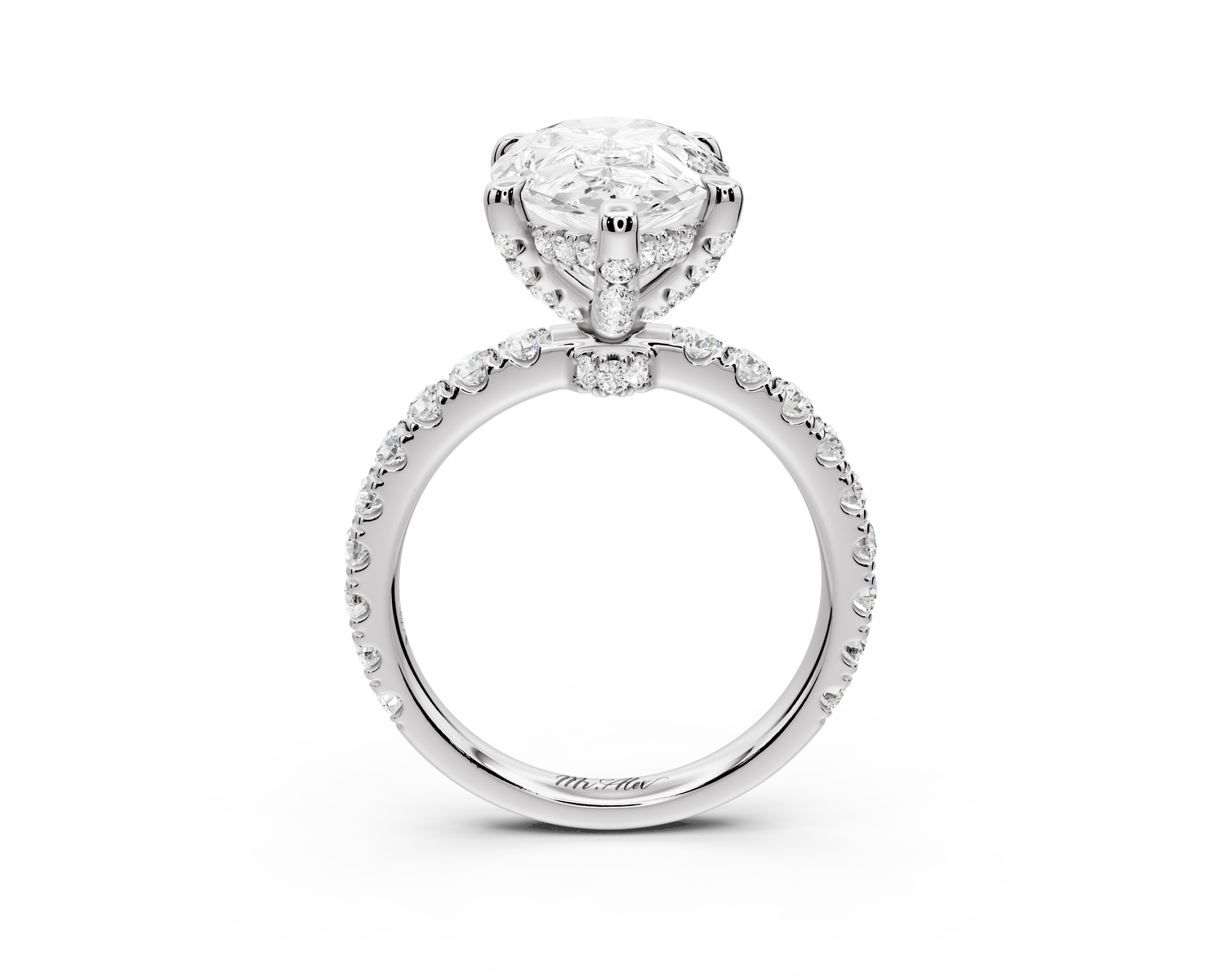 Jade - 4ct 14k white gold pear hidden halo diamond crown and bridge Pavé engagement ring
