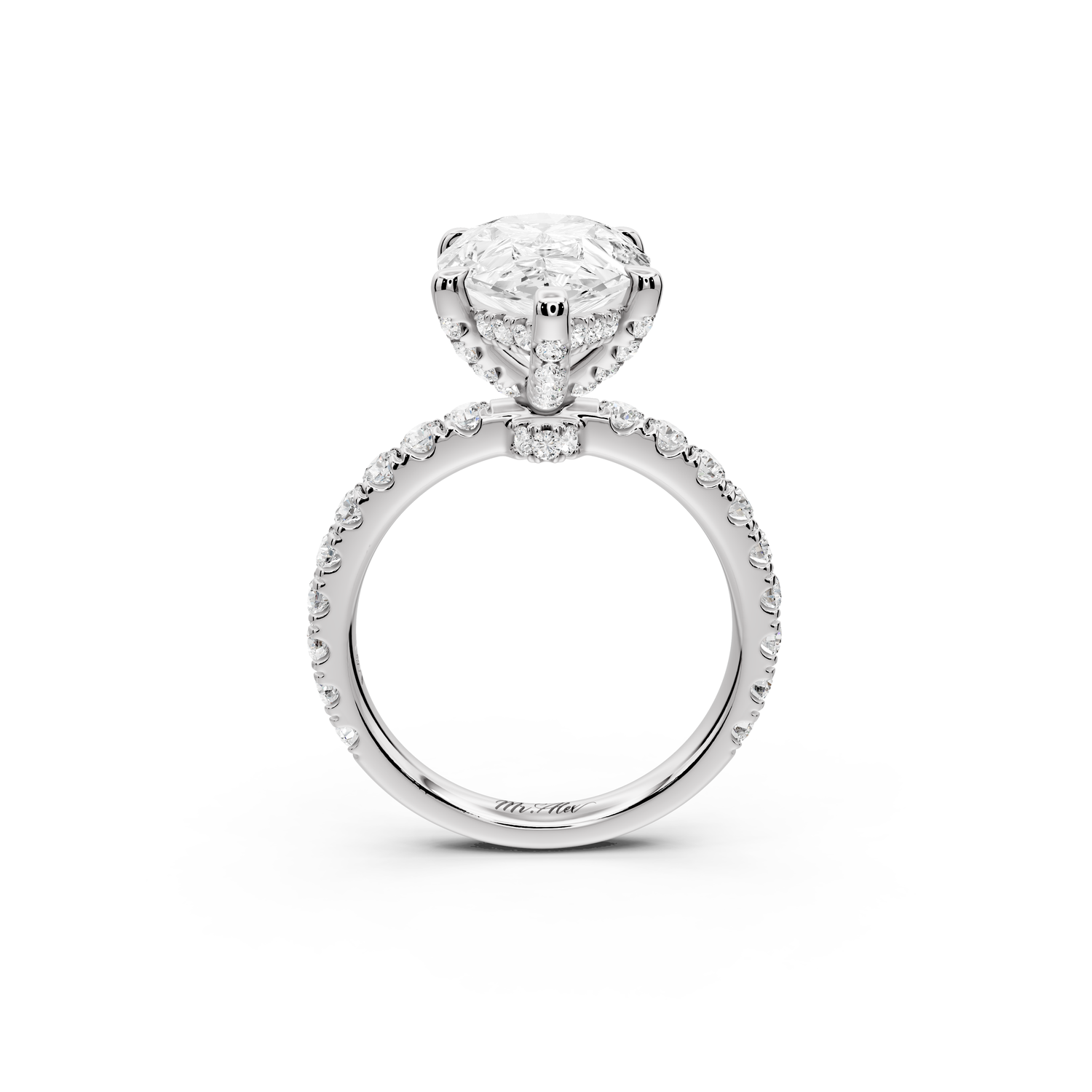 Jade - 4ct 14k white gold pear hidden halo diamond crown and bridge Pavé engagement ring