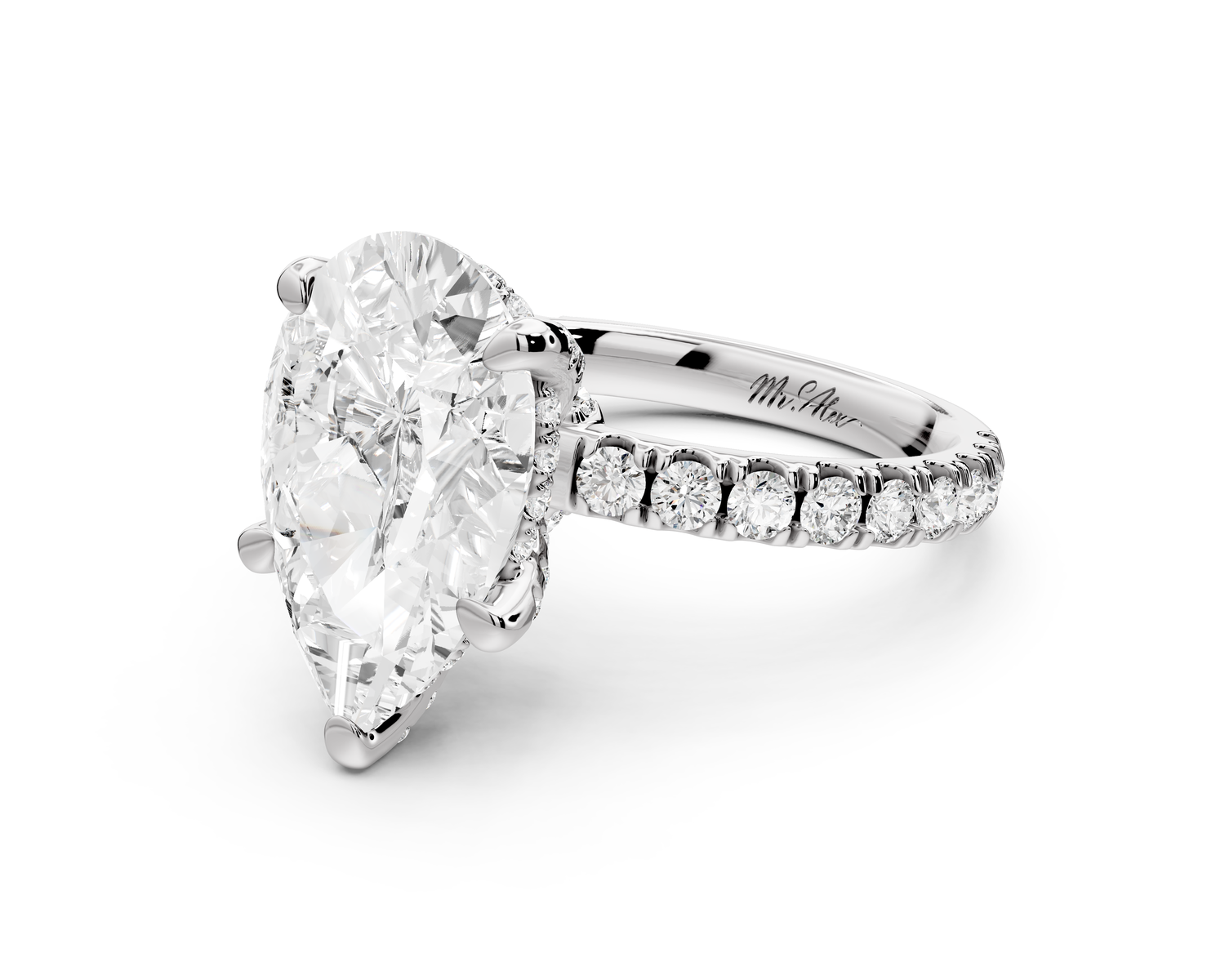 Jade - 4ct 14k white gold pear hidden halo diamond crown and bridge Pavé engagement ring