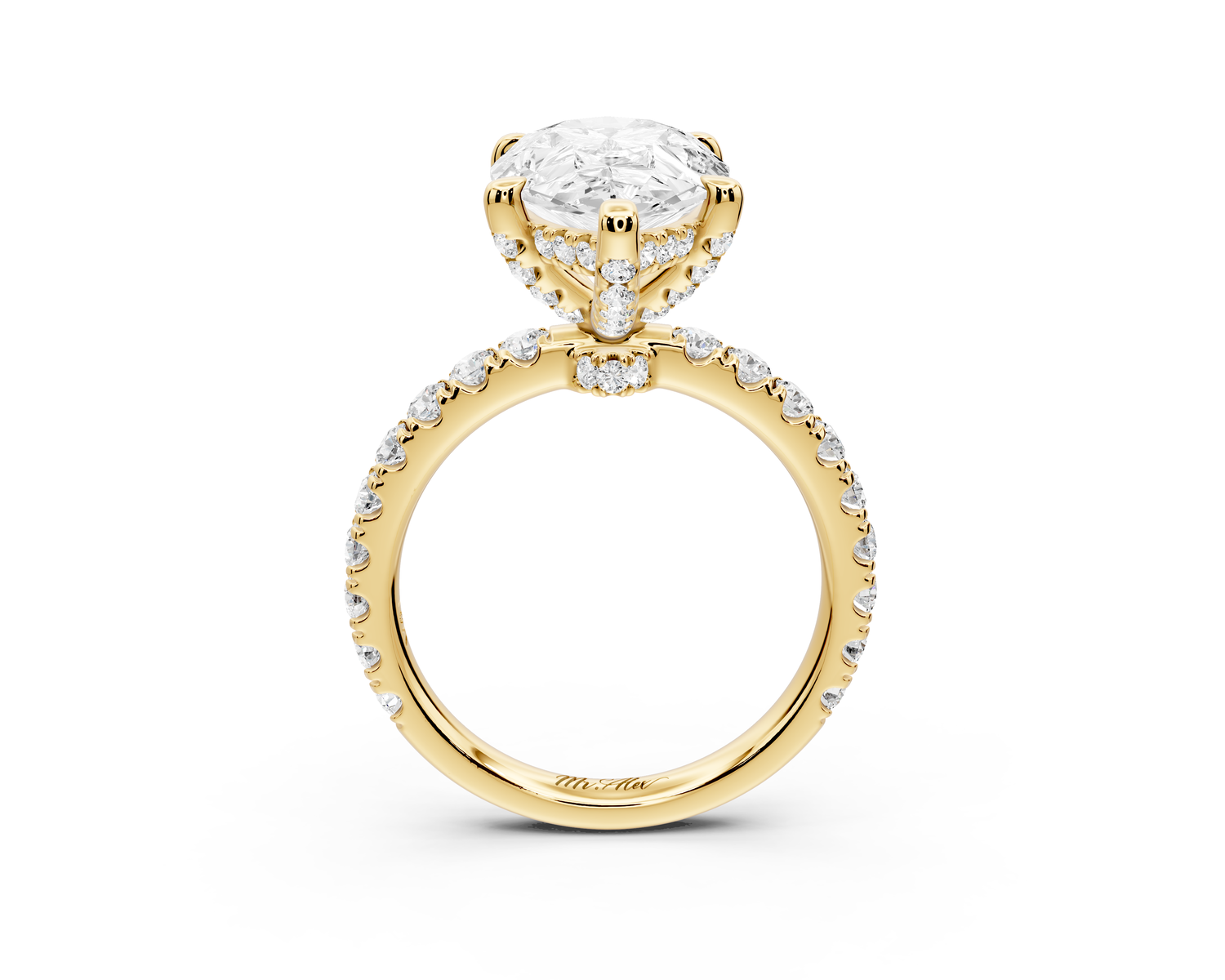 Jade - 4ct 14k yellow gold pear hidden halo diamond crown and bridge Pavé engagement ring