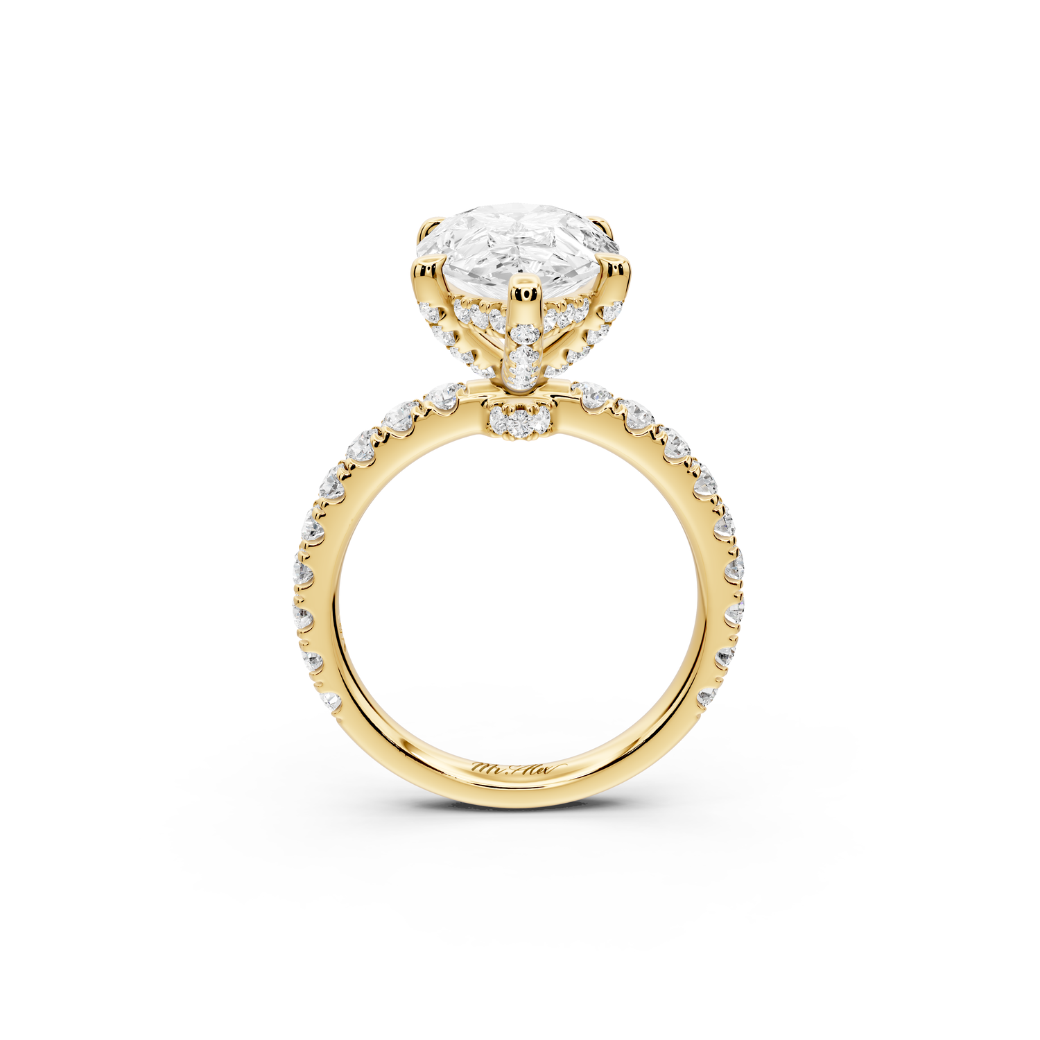 Jade - 4ct 14k yellow gold pear hidden halo diamond crown and bridge Pavé engagement ring