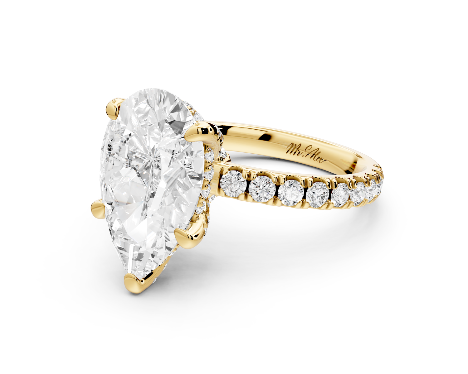 Jade - 4ct 14k yellow gold pear hidden halo diamond crown and bridge Pavé engagement ring