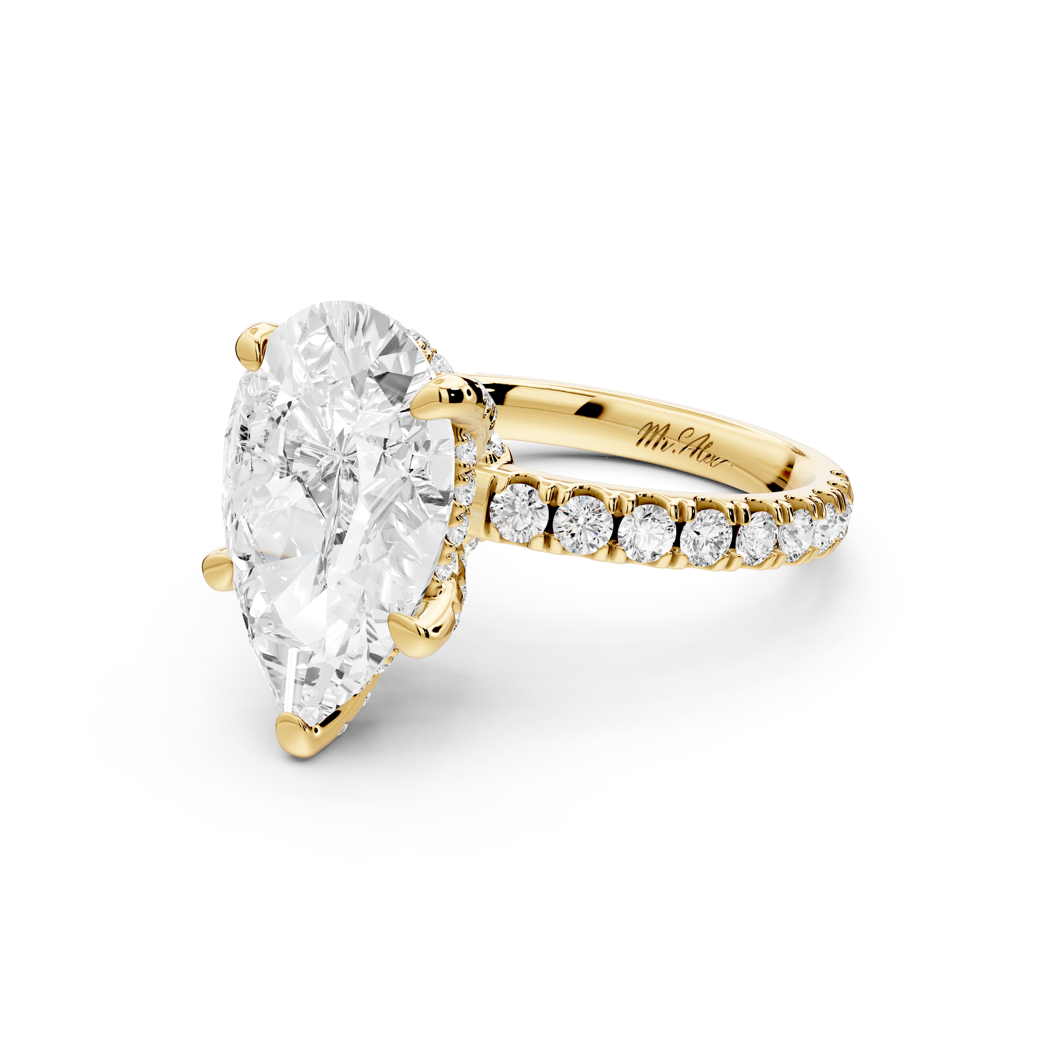 Jade - 4ct 14k yellow gold pear hidden halo diamond crown and bridge Pavé engagement ring