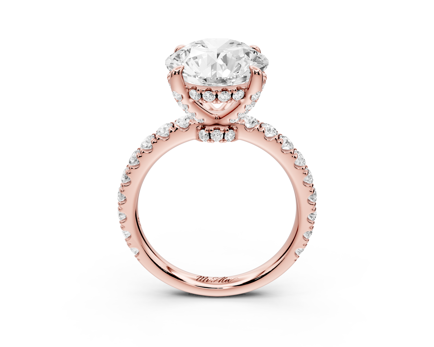 Jade - 4ct 14k rose gold round hidden halo diamond crown and bridge Pavé engagement ring