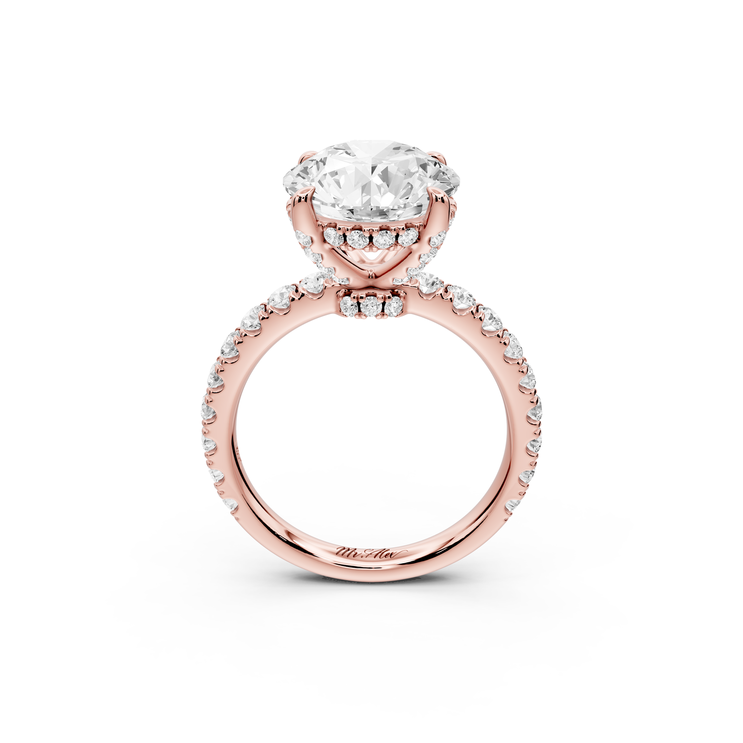 Jade - 4ct 14k rose gold round hidden halo diamond crown and bridge Pavé engagement ring