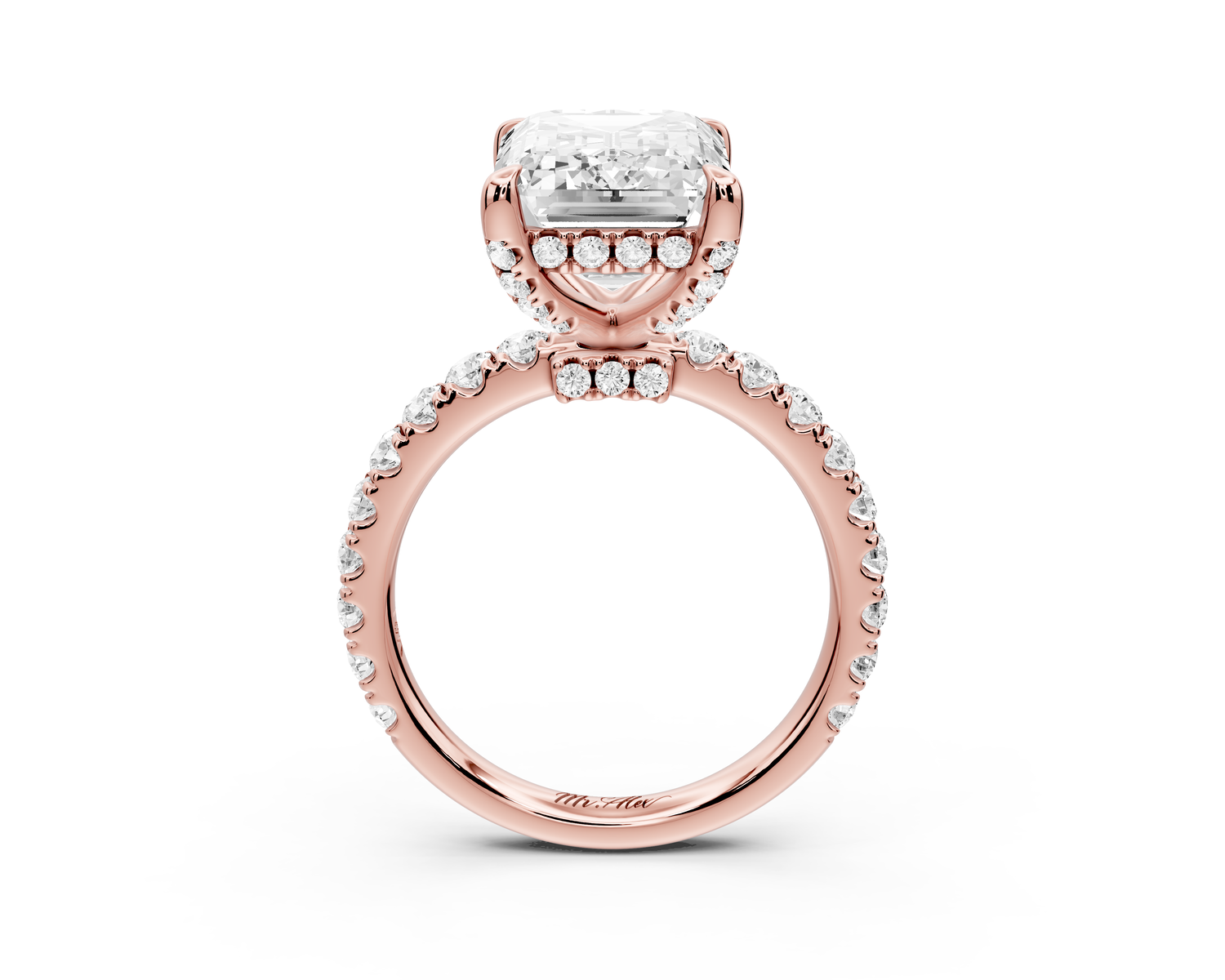 Jade - 5ct 14k rose gold emerald hidden halo diamond crown and bridge Pavé engagement ring