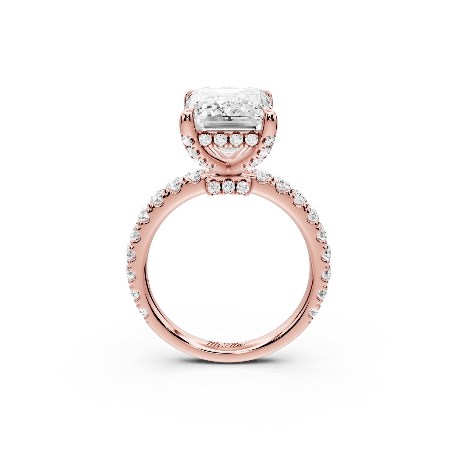 Jade - 5ct 14k rose gold emerald hidden halo diamond crown and bridge Pavé engagement ring