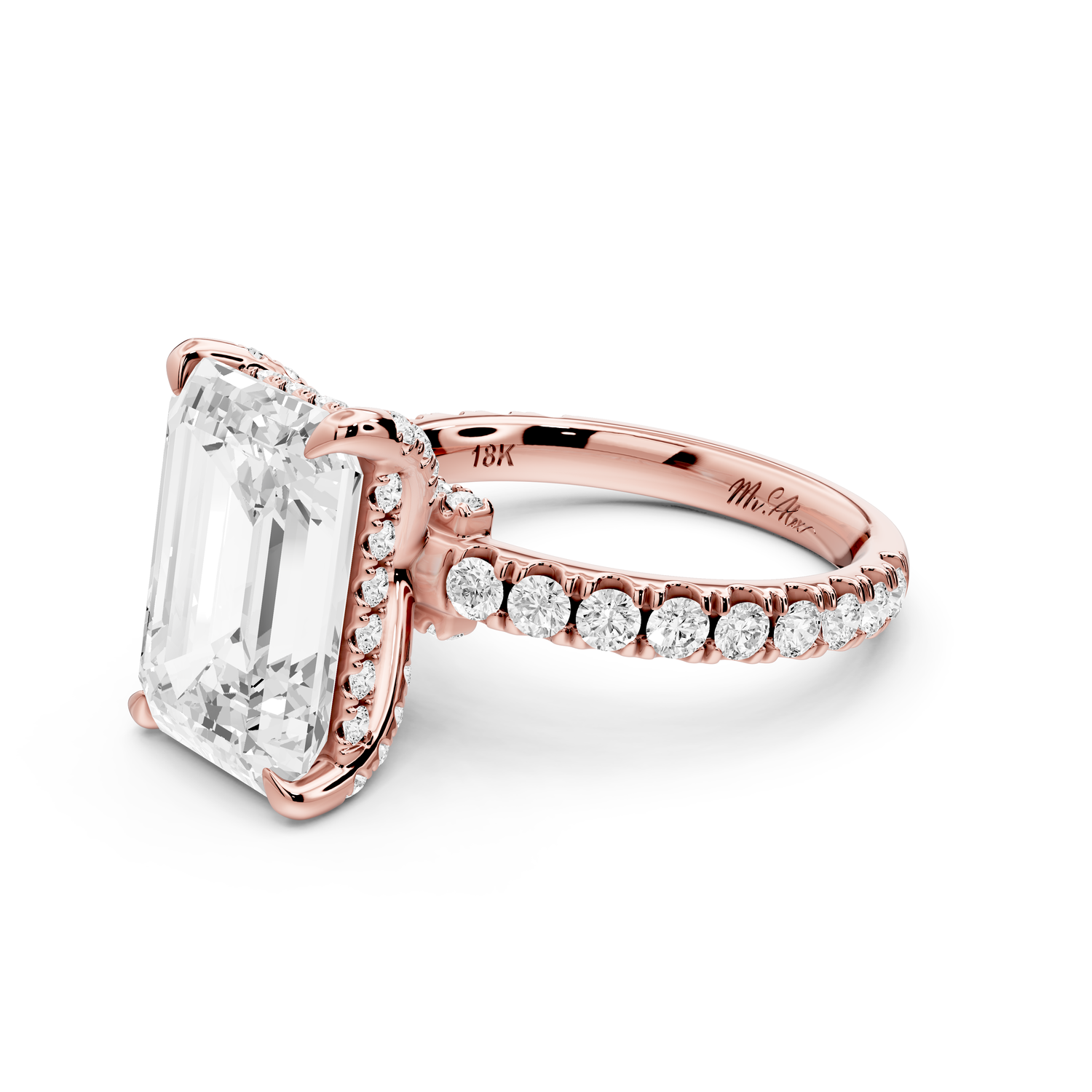 Jade - 5ct 14k rose gold emerald hidden halo diamond crown and bridge Pavé engagement ring