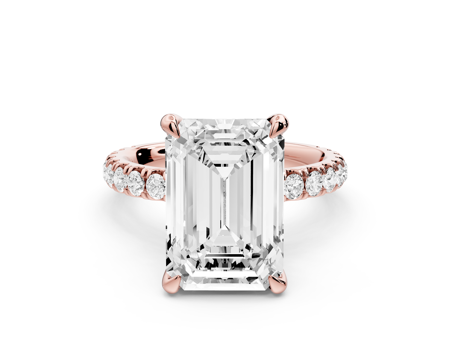 Jade - 5ct 14k rose gold emerald hidden halo diamond crown and bridge Pavé engagement ring