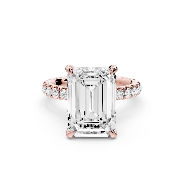 Jade - 5ct 14k rose gold emerald hidden halo diamond crown and bridge Pavé engagement ring