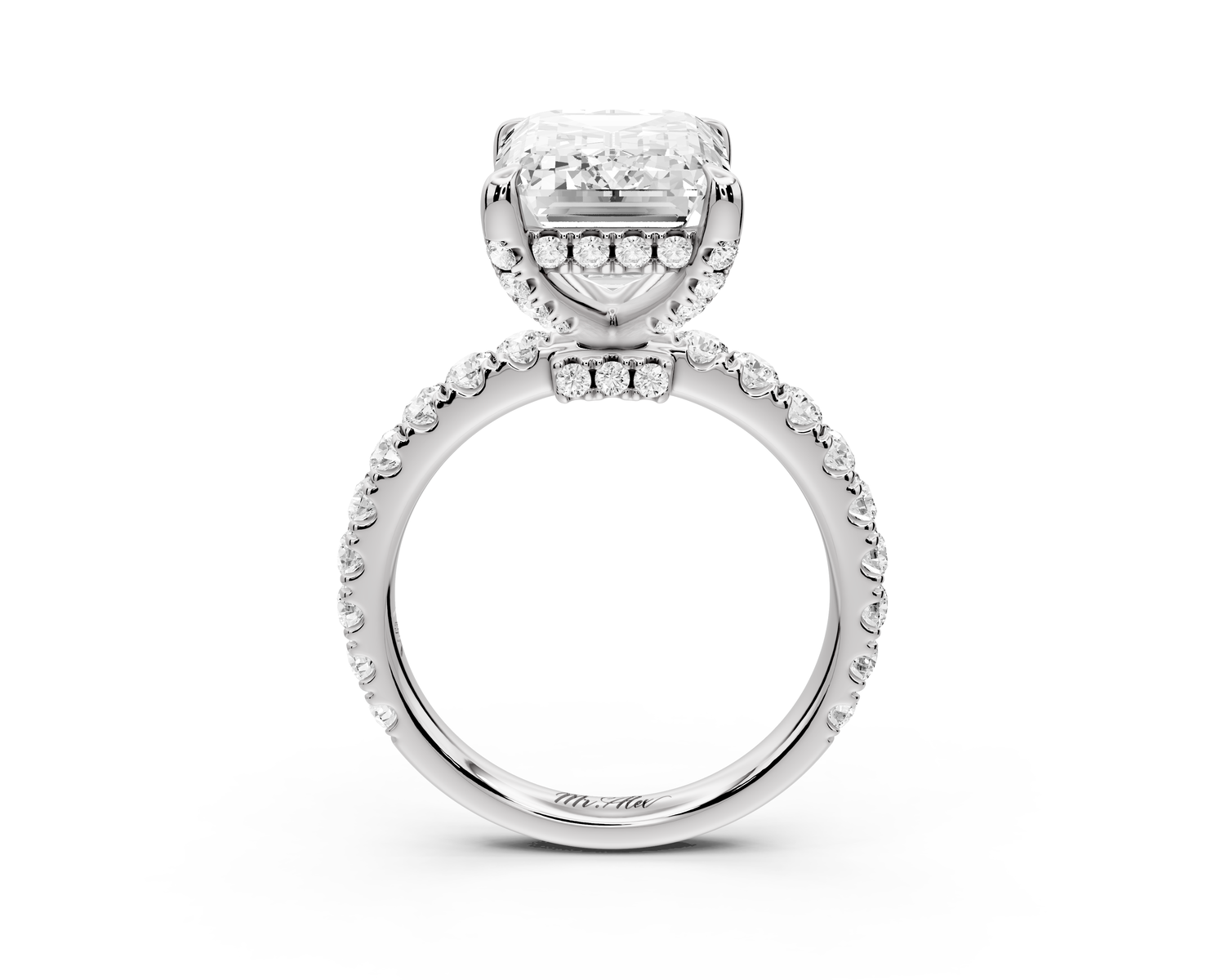 Jade - 5ct 14k white gold emerald hidden halo diamond crown and bridge Pavé engagement ring