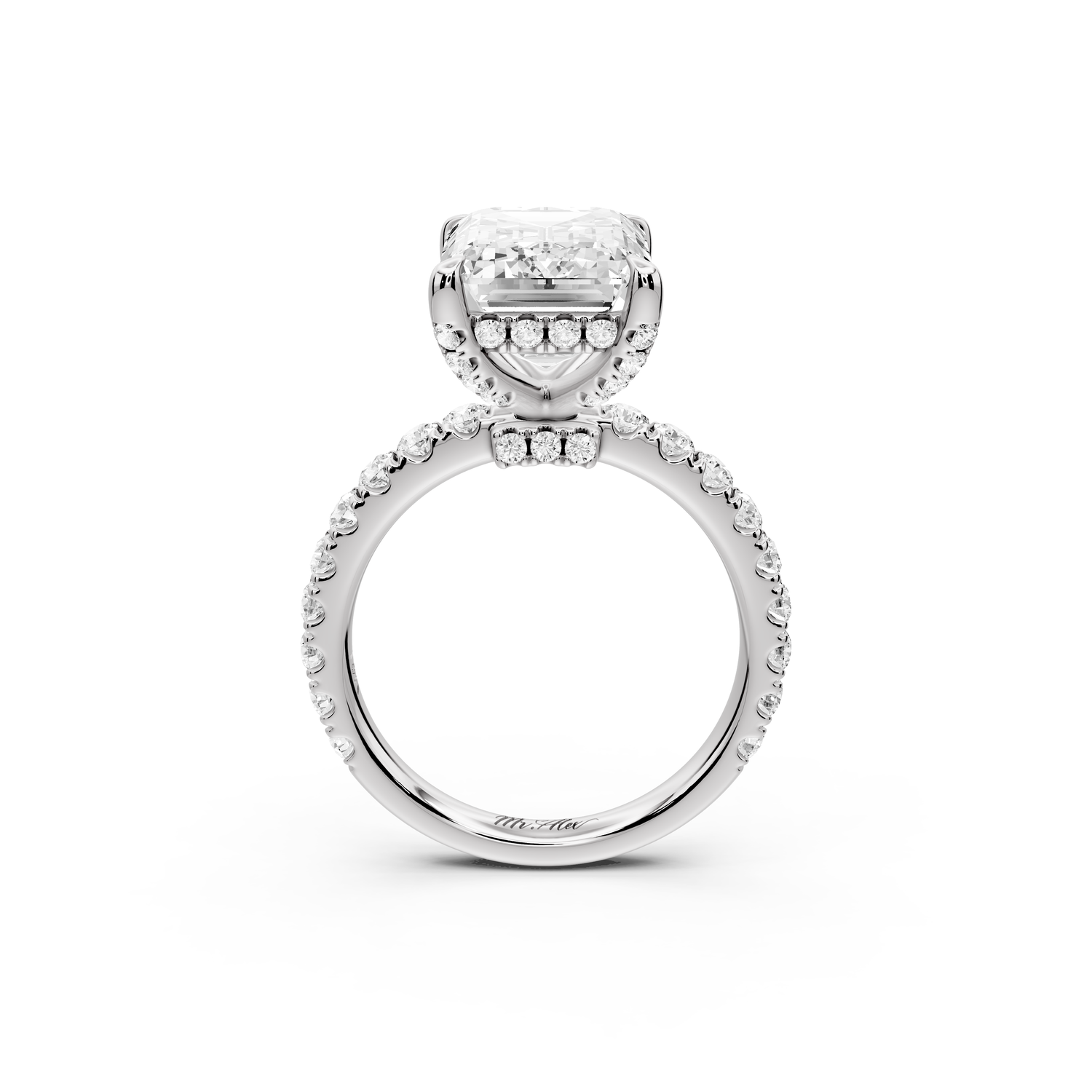 Jade - 5ct 14k white gold emerald hidden halo diamond crown and bridge Pavé engagement ring