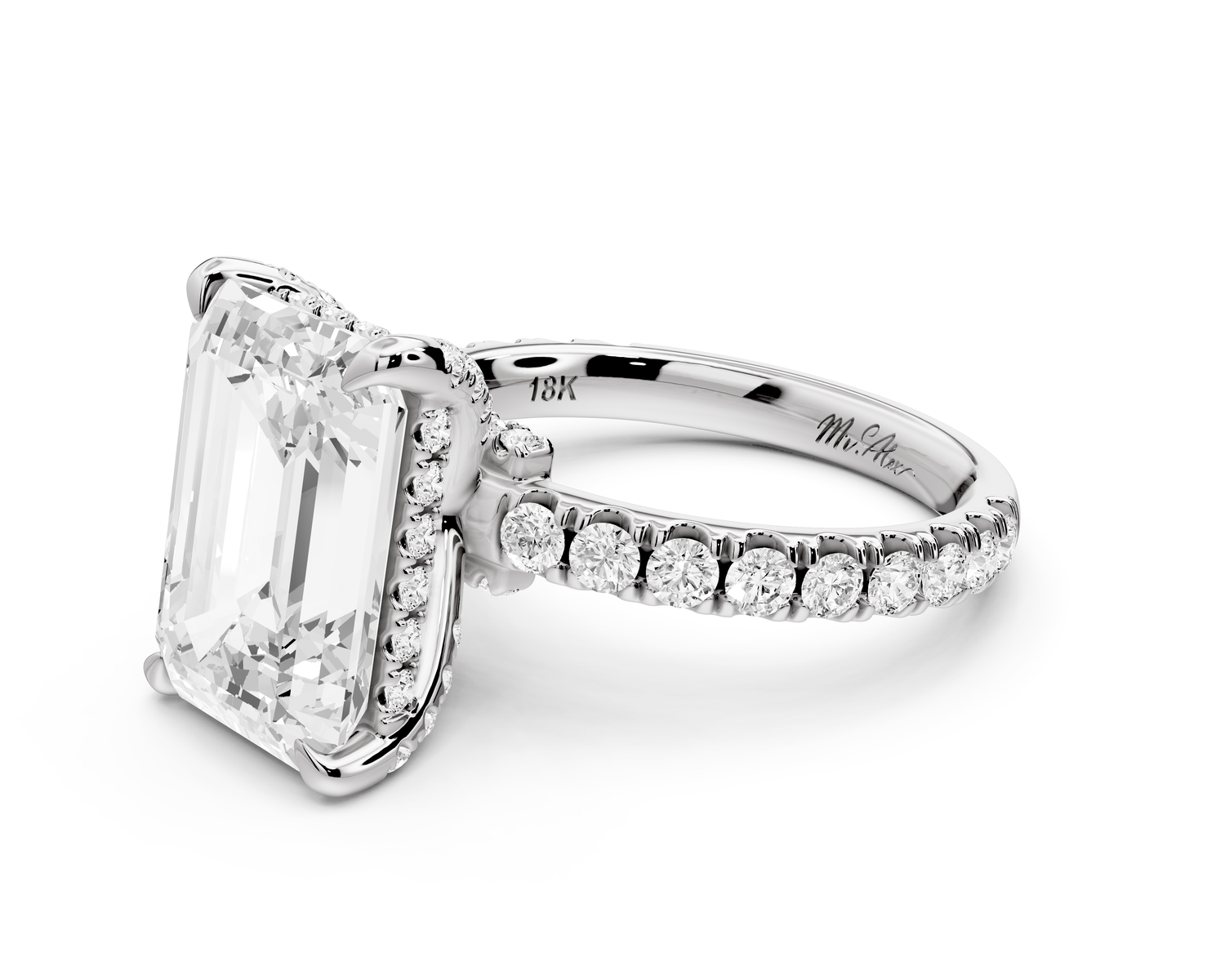 Jade - 5ct 14k white gold emerald hidden halo diamond crown and bridge Pavé engagement ring